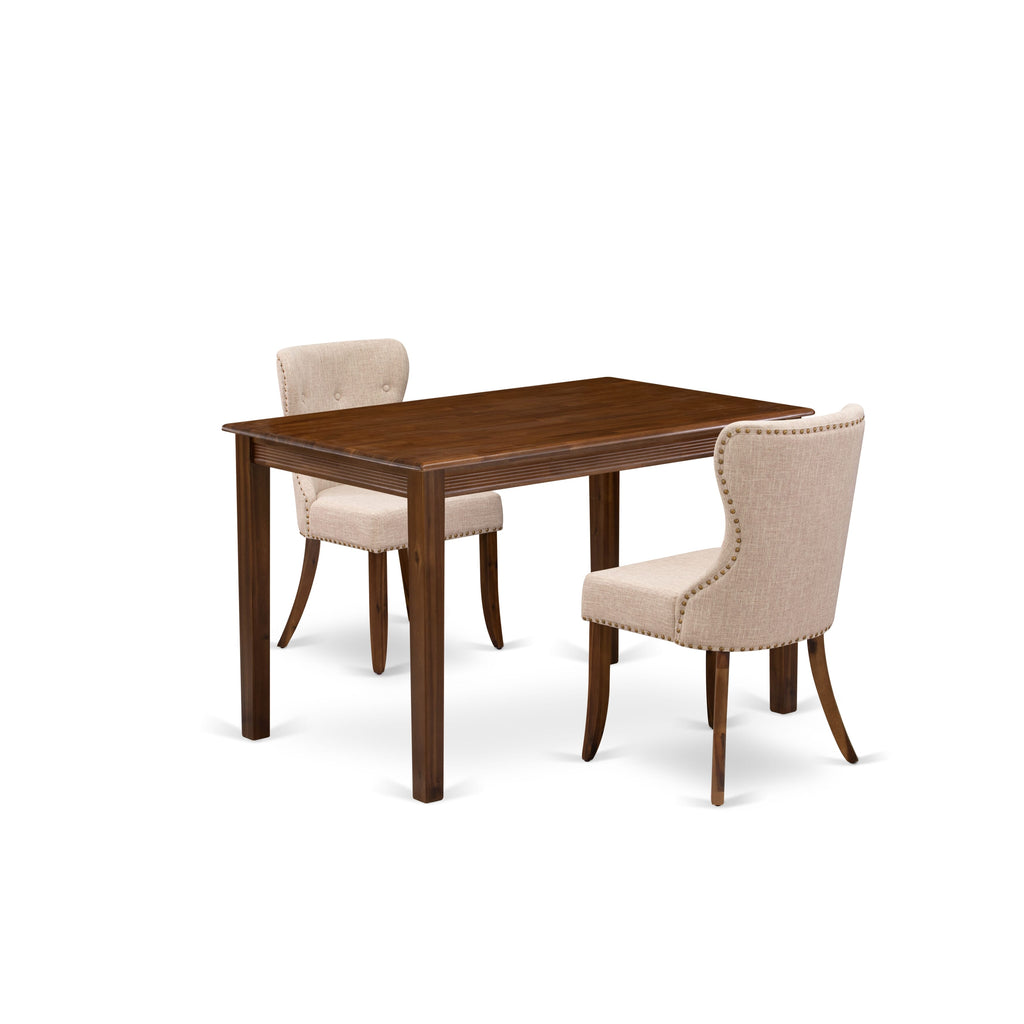 East West Furniture YASI3-AWA-04 3 Piece Kitchen Table Set for Small SpacesIncludes a Rectangle Dining Table and 2 Upholstered Parson Chairs, 30x48 Inch, Antique Walnut