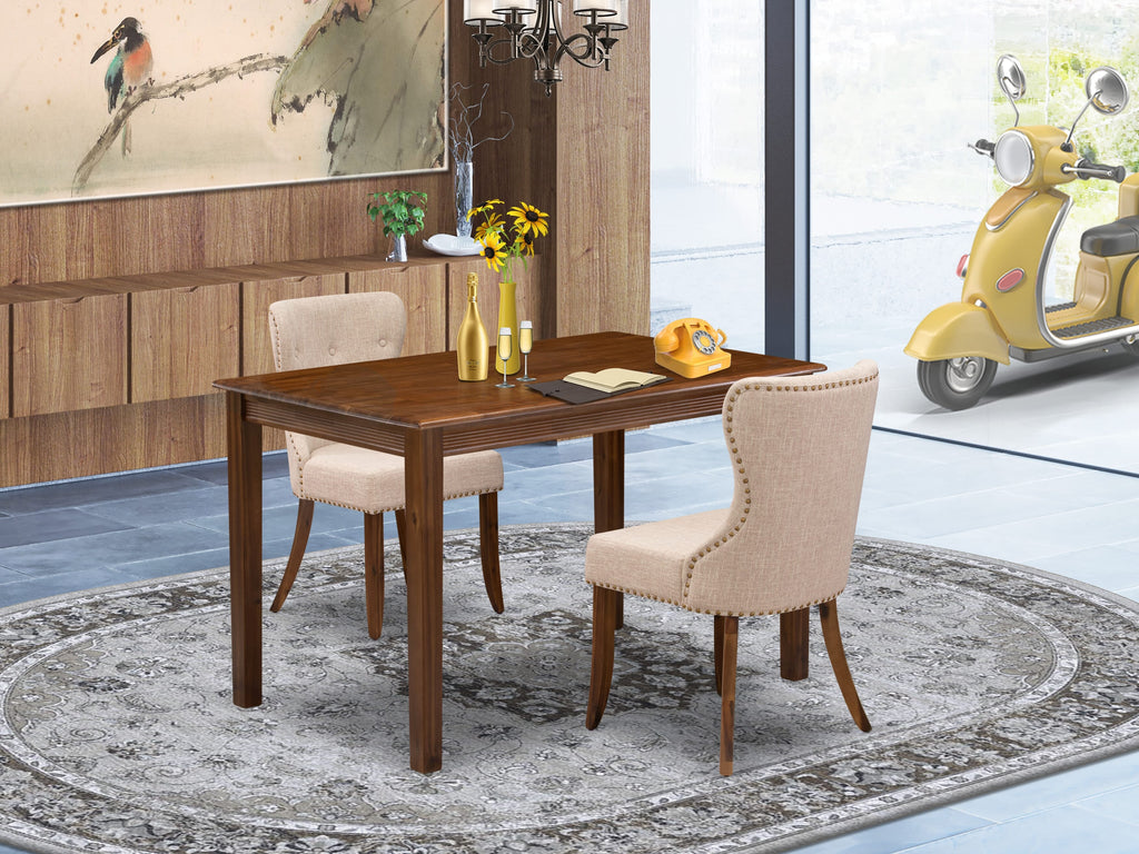 East West Furniture YASI3-AWA-04 3 Piece Kitchen Table Set for Small SpacesIncludes a Rectangle Dining Table and 2 Upholstered Parson Chairs, 30x48 Inch, Antique Walnut