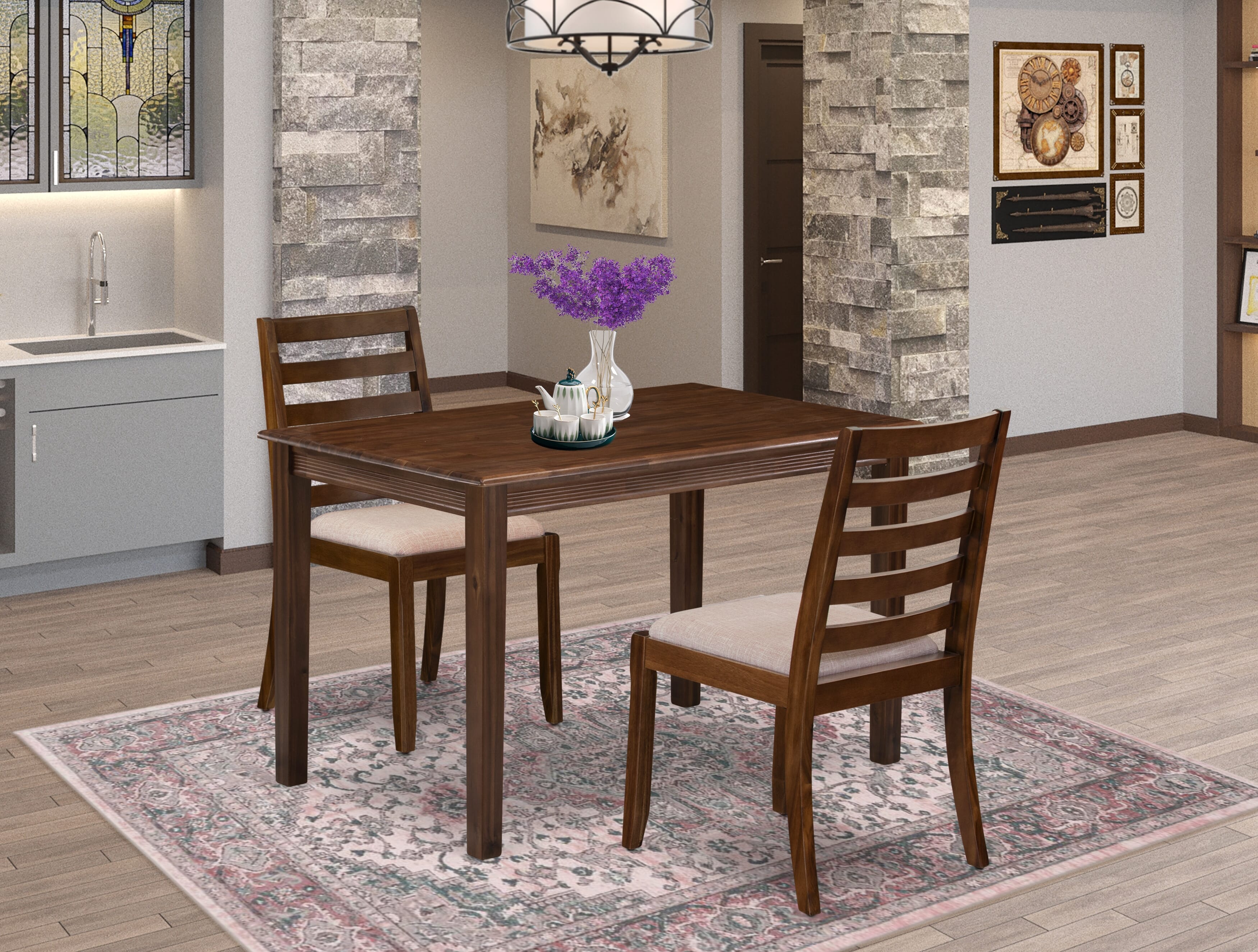 YAX13-AWA-04 - 3-pc kitchen table set - a breakfast table & 2 stackable chairs with Light Tan Linen Fabric - Antique Walnut