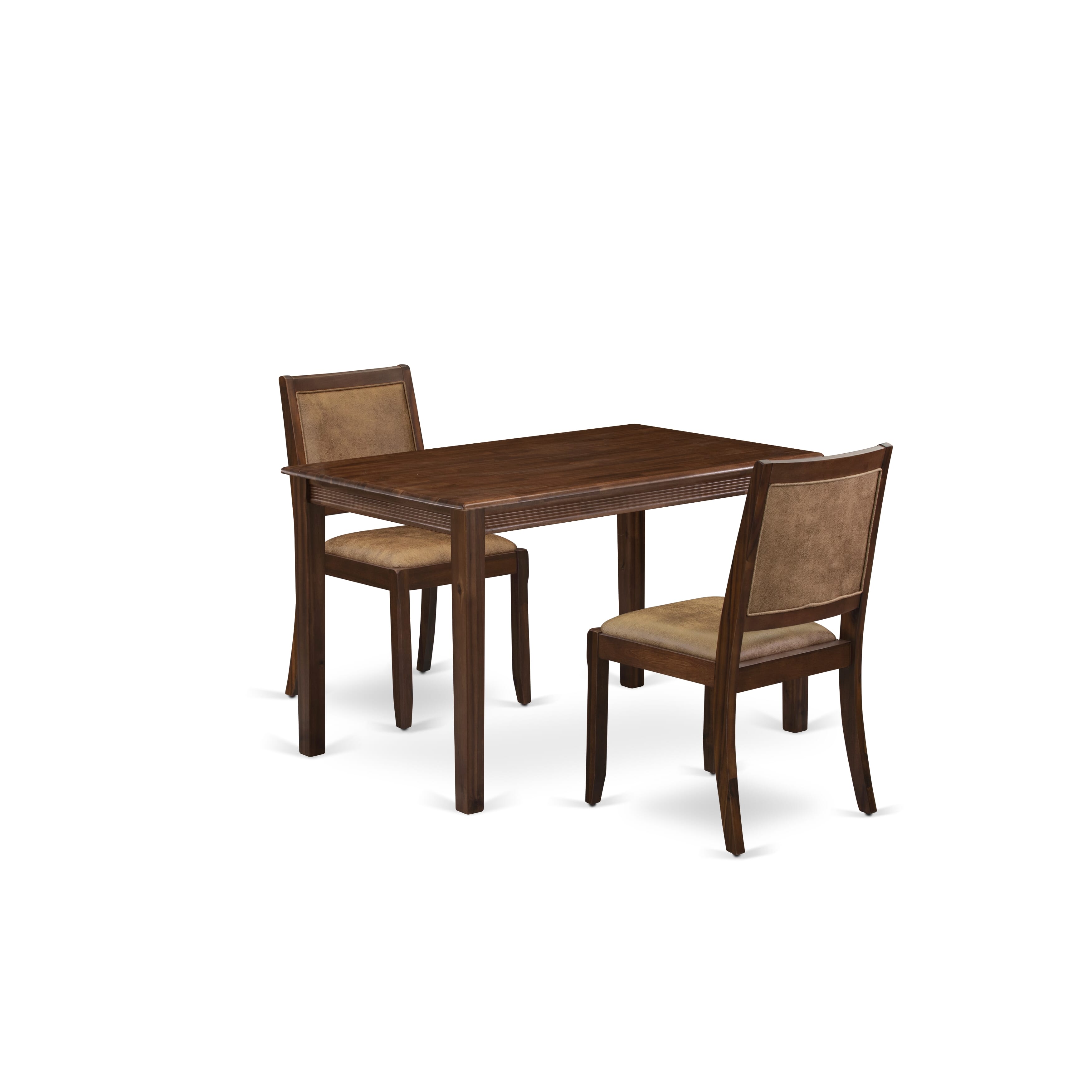 YAX23-AWA-28 - 3-pc kitchen dining set - a wooden table & 2 stackable chairs with brown textured Faux Leather - Antique Walnut