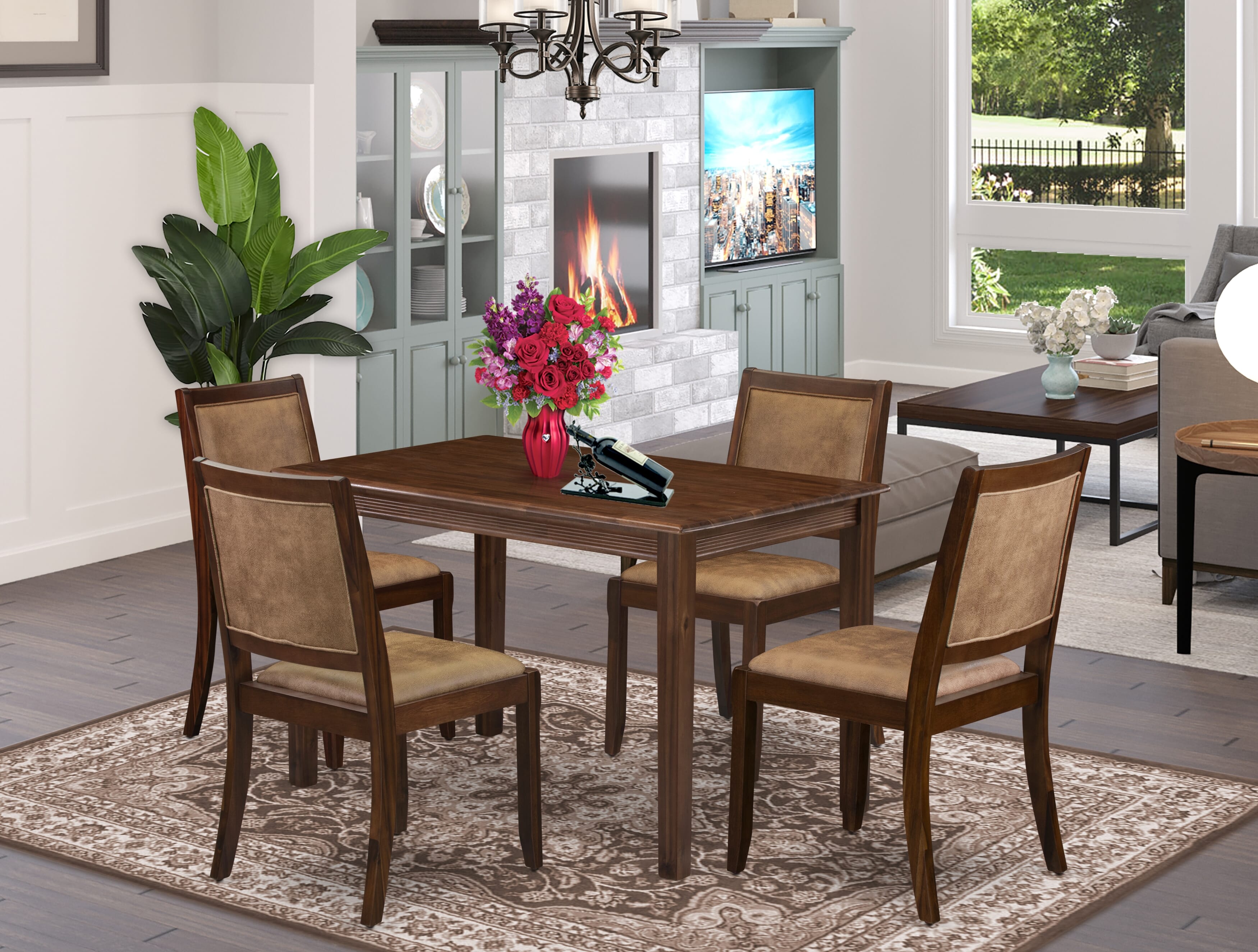 YAX25-AWA-28 - 5-pc dining table set - a dining table & 4 stackable chairs with brown textured Faux Leather - Antique Walnut