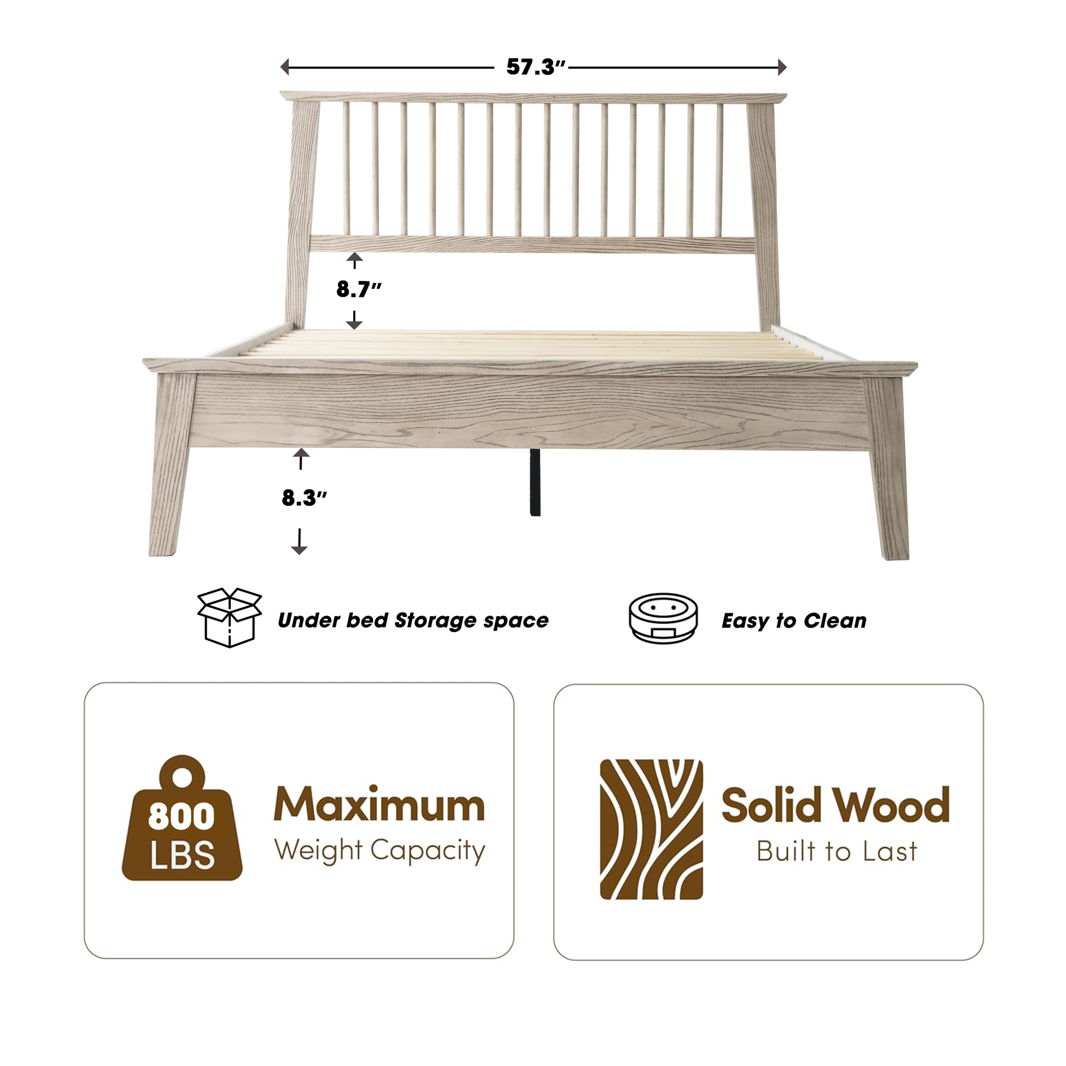 Full Size Solid Wood Platform Bed Frame, Headboard & Footboard, Easy Assembly, 12 Sturdy Slatted, Center Metal Legs, No Box Spring Needed, Noise-Free & Slip-Free, Driftwood Gray Oak Finish, YUF-33
