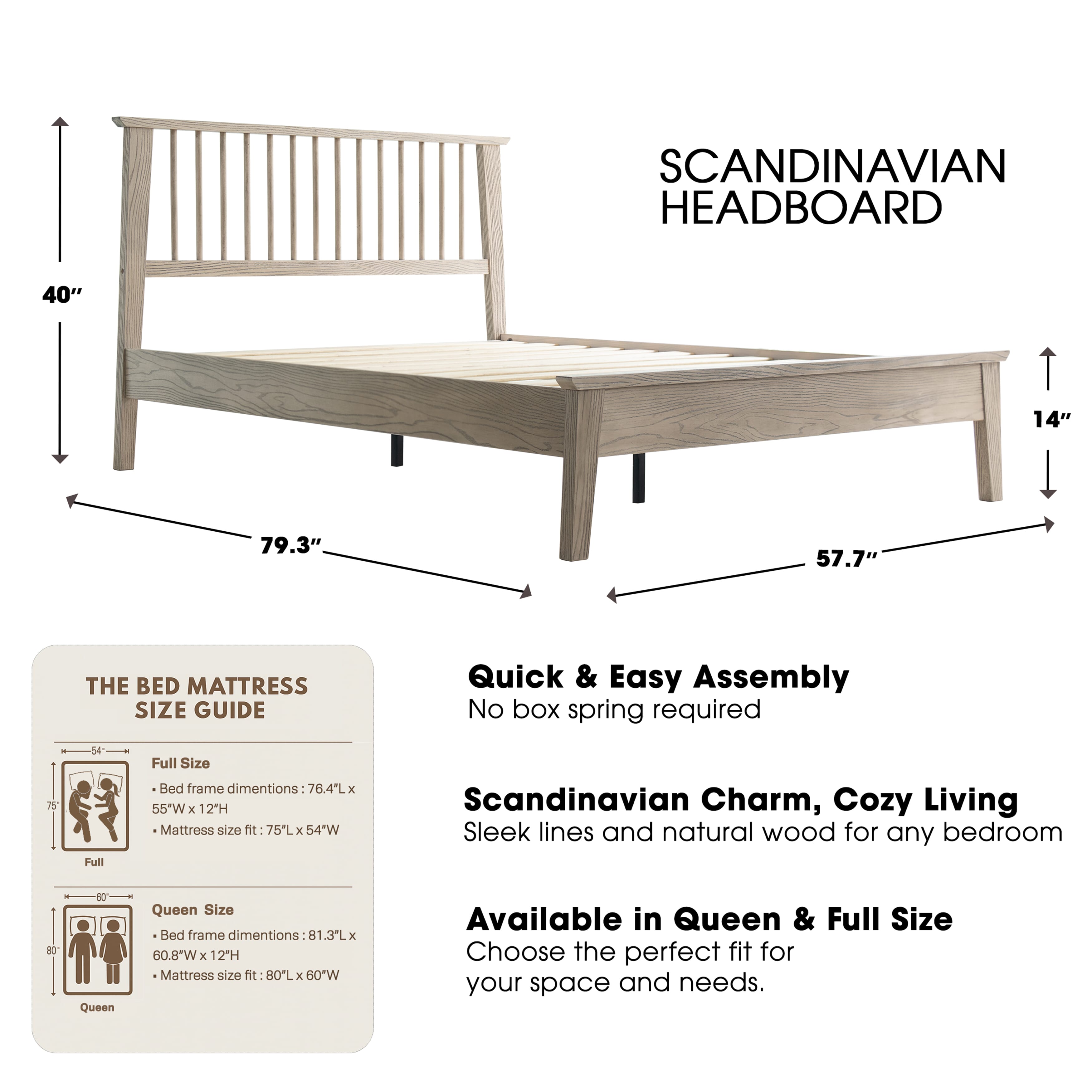 Full Size Solid Wood Platform Bed Frame, Headboard & Footboard, Easy Assembly, 12 Sturdy Slatted, Center Metal Legs, No Box Spring Needed, Noise-Free & Slip-Free, Driftwood Gray Oak Finish, YUF-33
