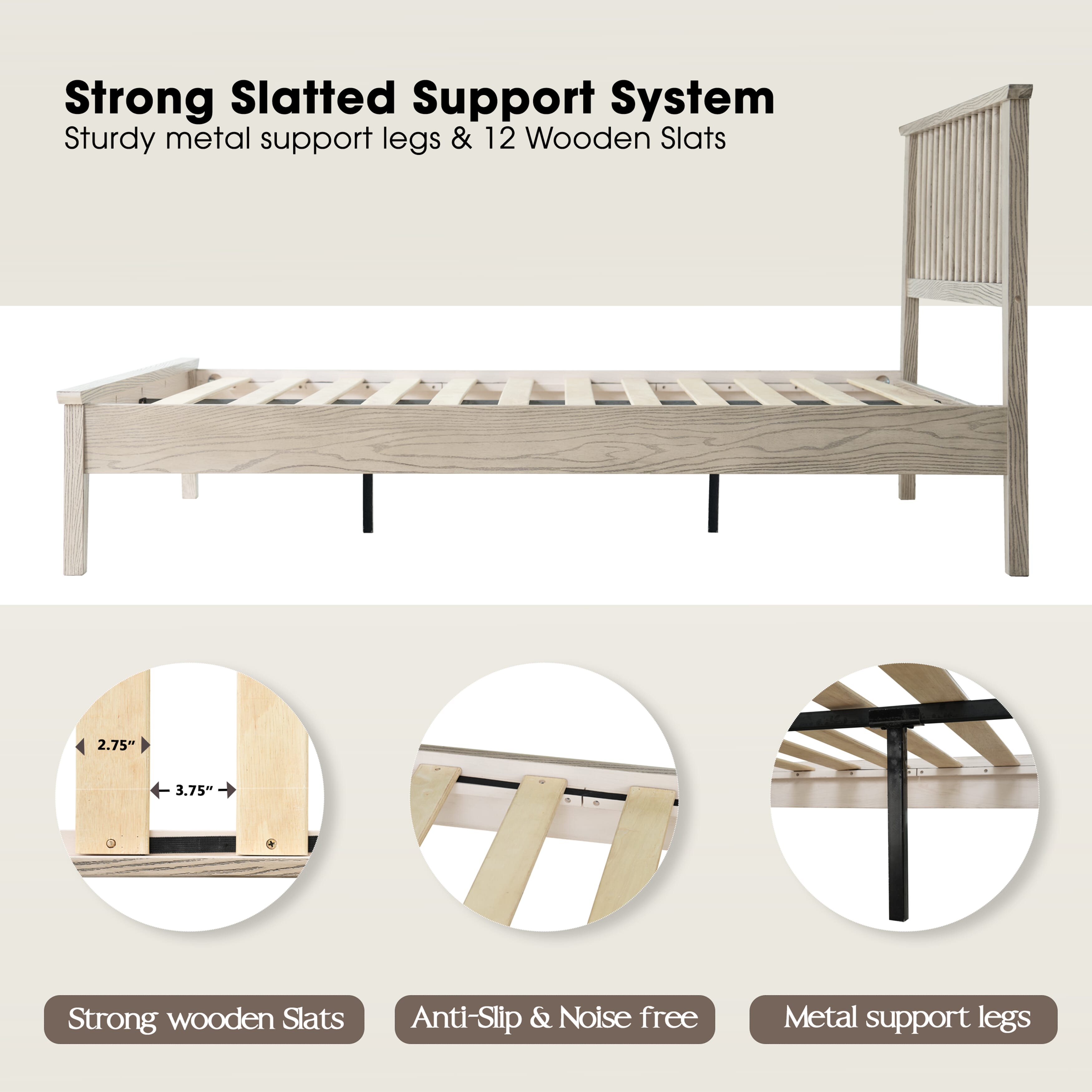 Full Size Solid Wood Platform Bed Frame, Headboard & Footboard, Easy Assembly, 12 Sturdy Slatted, Center Metal Legs, No Box Spring Needed, Noise-Free & Slip-Free, Driftwood Gray Oak Finish, YUF-33