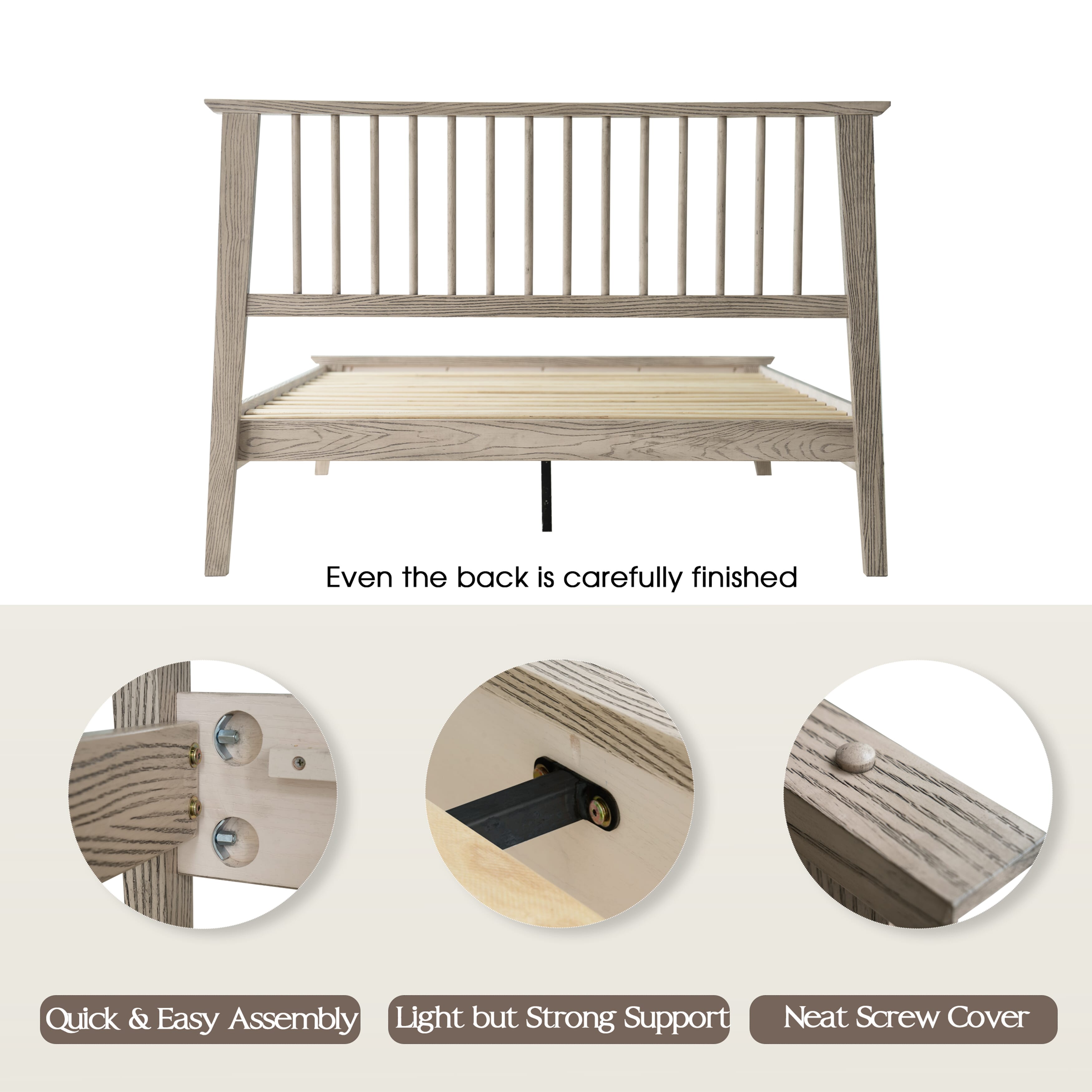 Full Size Solid Wood Platform Bed Frame, Headboard & Footboard, Easy Assembly, 12 Sturdy Slatted, Center Metal Legs, No Box Spring Needed, Noise-Free & Slip-Free, Driftwood Gray Oak Finish, YUF-33
