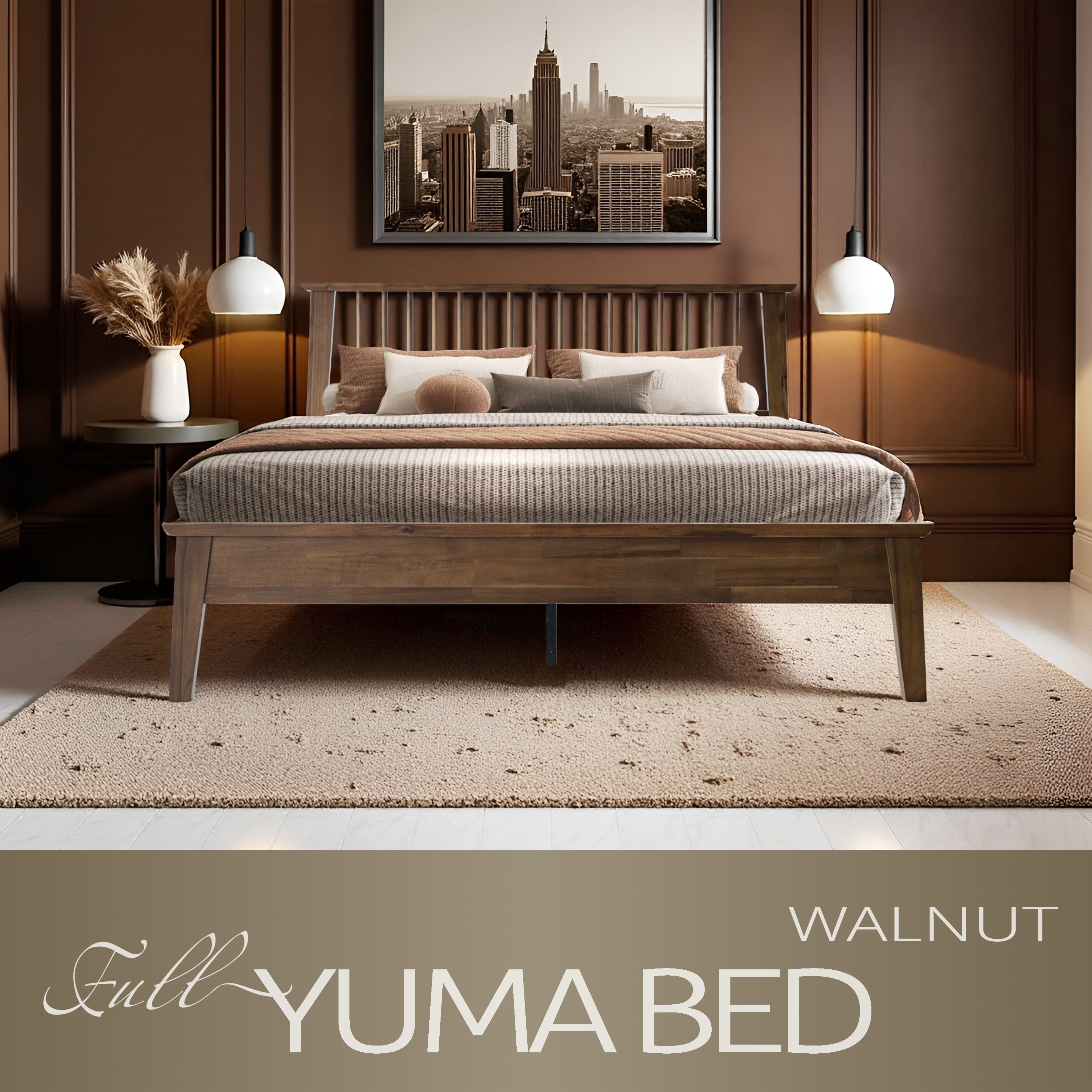 Full Size Bed Frame with Headboard & Footboard, Solid Wood Platform Bed, 12 Heavy-Duty Slatted Base with Center Metal Legs, No Box Spring Needed, Noise-Free & Slip-Free, Walnut Finish, YUF-37