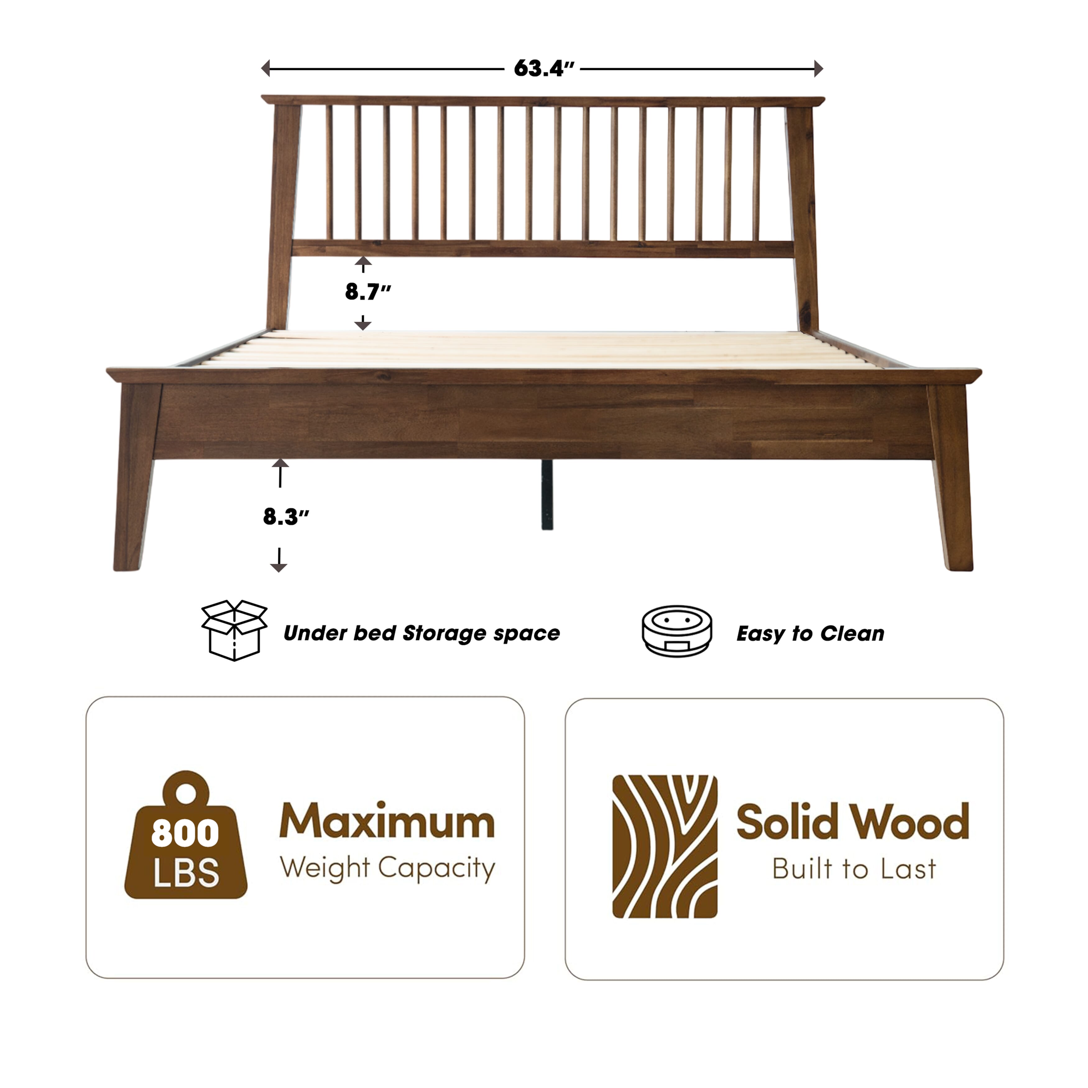 Full Size Bed Frame with Headboard & Footboard, Solid Wood Platform Bed, 12 Heavy-Duty Slatted Base with Center Metal Legs, No Box Spring Needed, Noise-Free & Slip-Free, Walnut Finish, YUF-37