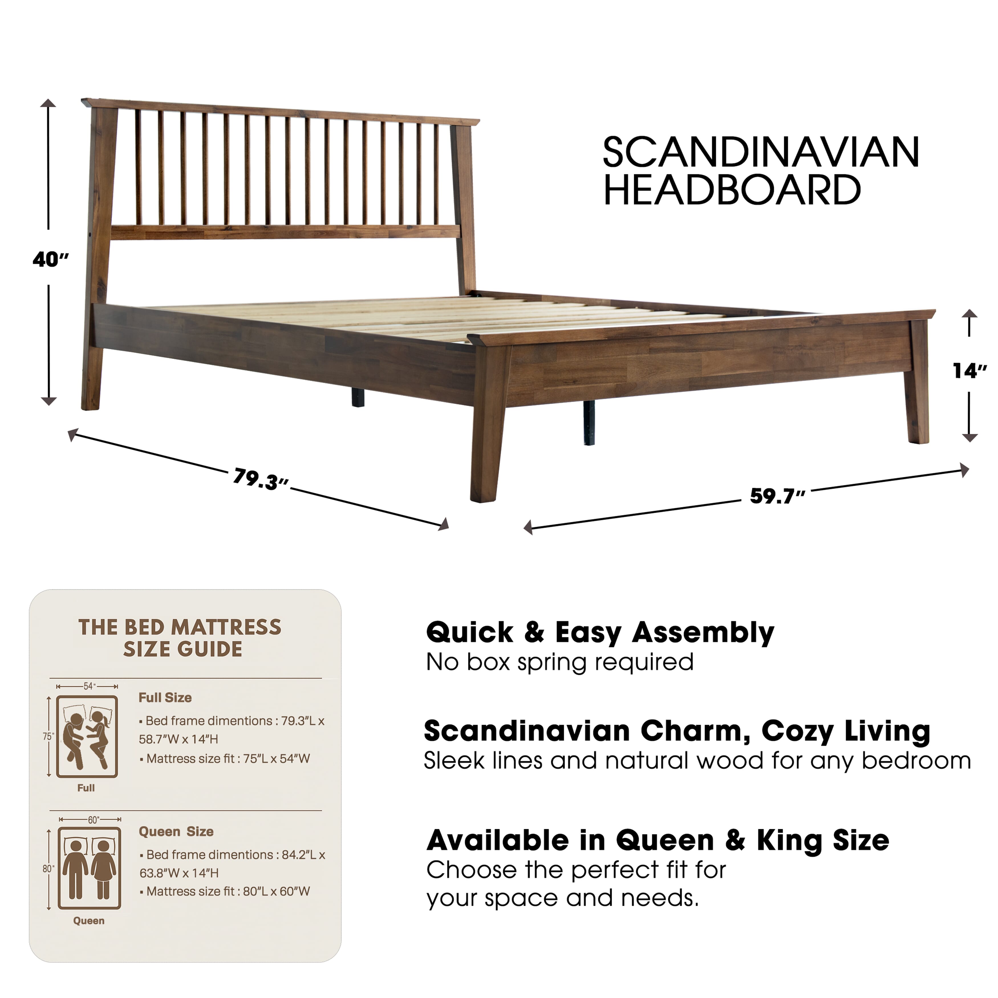 Full Size Bed Frame with Headboard & Footboard, Solid Wood Platform Bed, 12 Heavy-Duty Slatted Base with Center Metal Legs, No Box Spring Needed, Noise-Free & Slip-Free, Walnut Finish, YUF-37