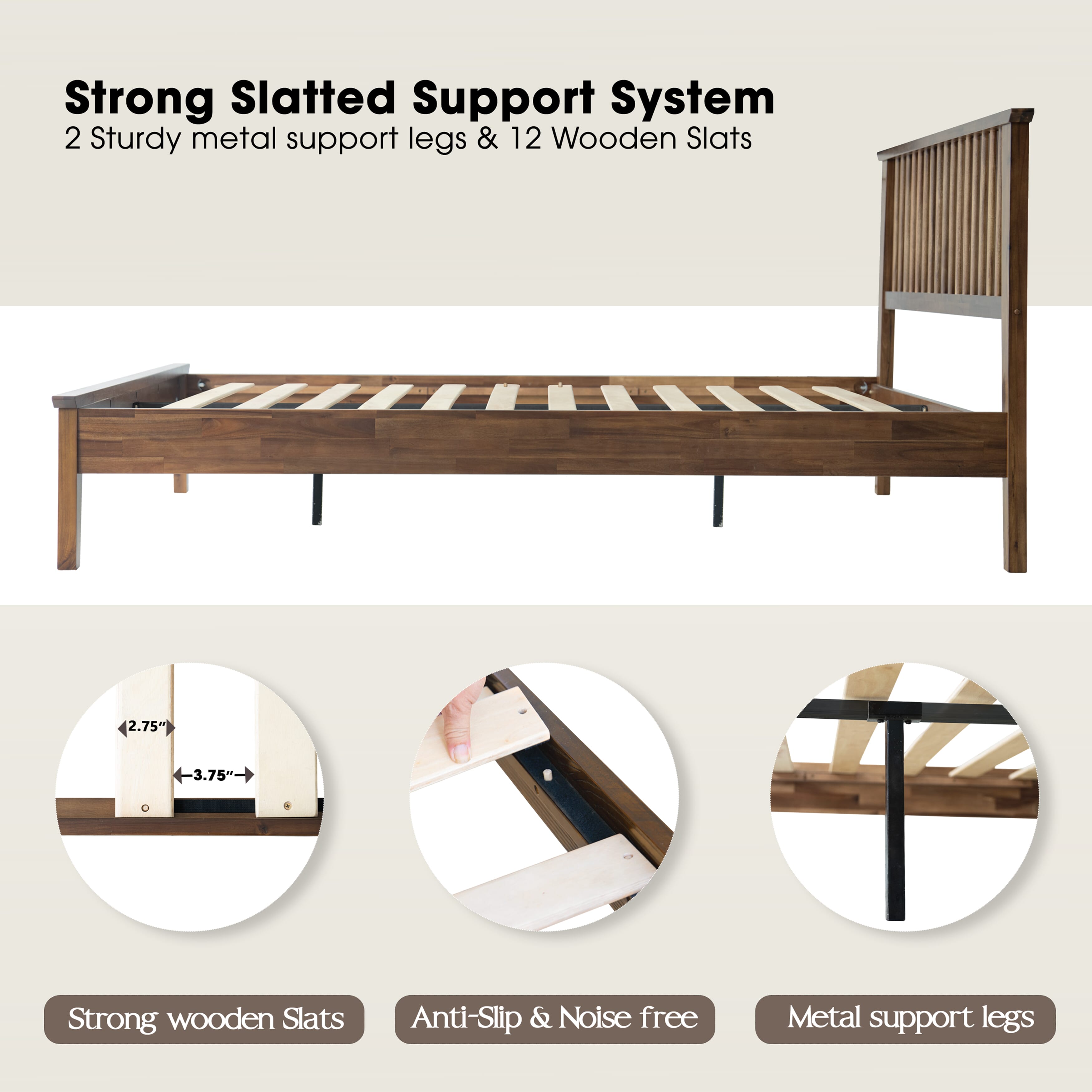 Full Size Bed Frame with Headboard & Footboard, Solid Wood Platform Bed, 12 Heavy-Duty Slatted Base with Center Metal Legs, No Box Spring Needed, Noise-Free & Slip-Free, Walnut Finish, YUF-37