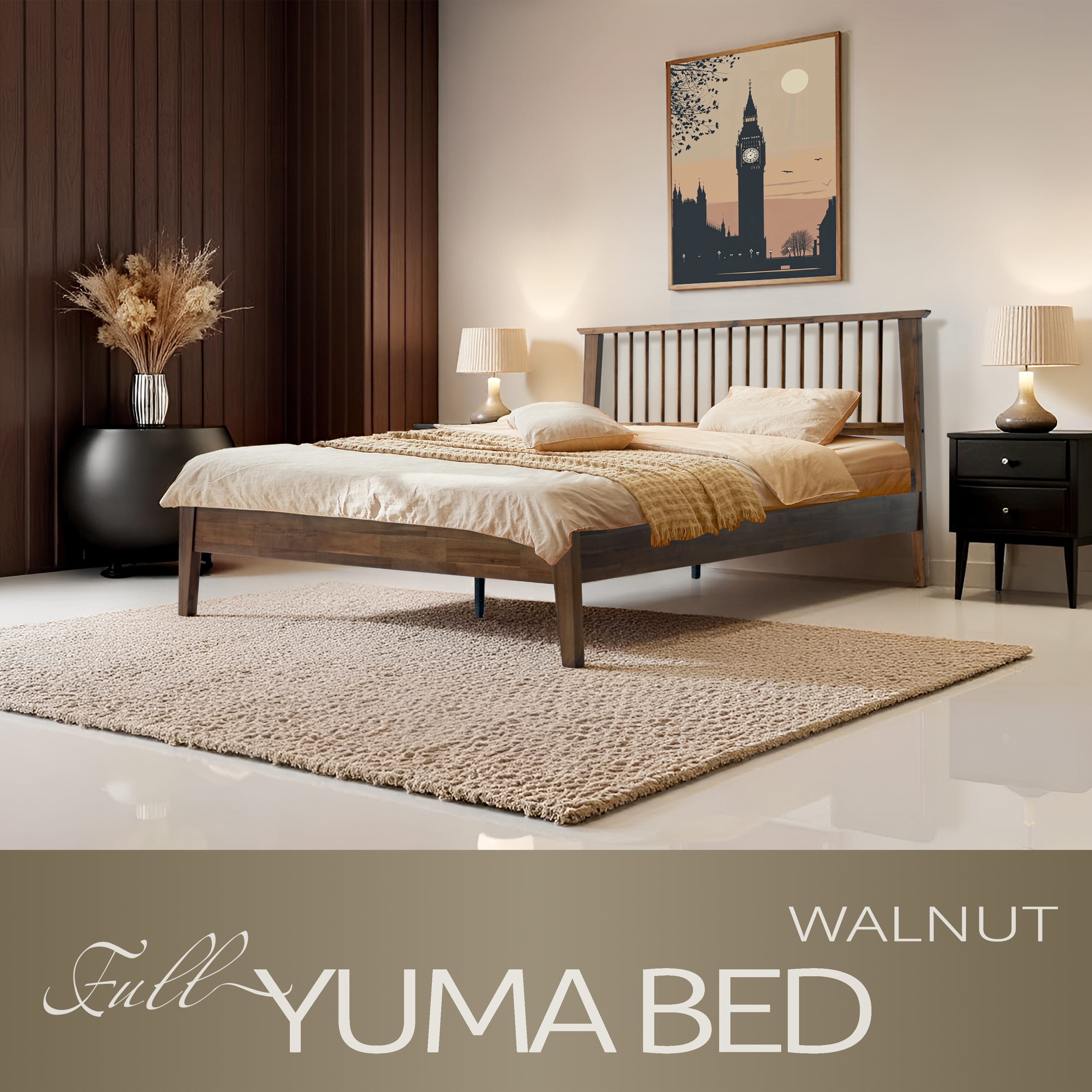 Full Size Bed Frame with Headboard & Footboard, Solid Wood Platform Bed, 12 Heavy-Duty Slatted Base with Center Metal Legs, No Box Spring Needed, Noise-Free & Slip-Free, Walnut Finish, YUF-37