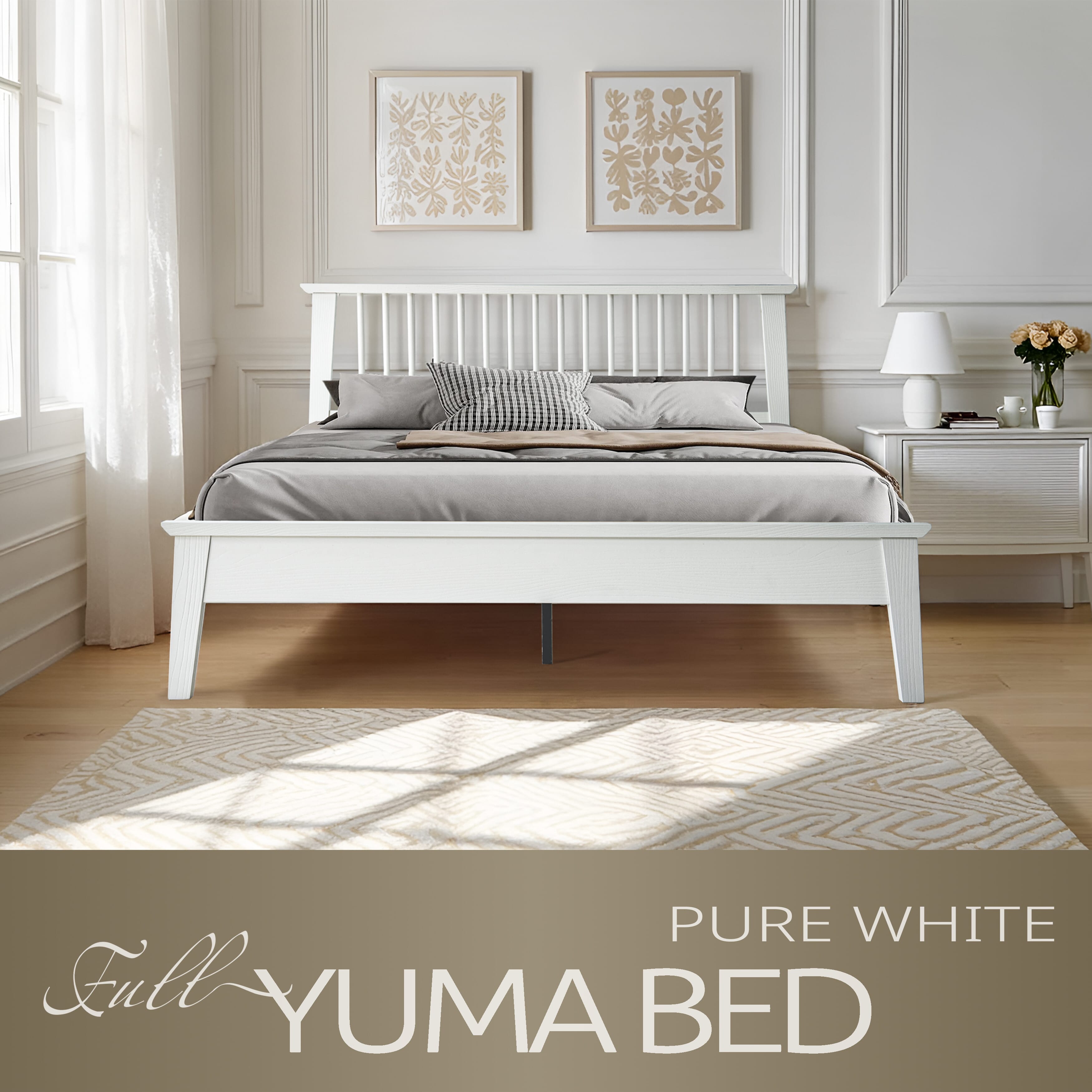 Full Size Bed Frame, Headboard & Footboard, Solid Wood Platform Bed, Anti-Slip & Noise-Free, 12 Durable Slatted Base, Center Metal Legs, Easy Assembly, No Box Spring Needed, Pure White Finish, YUF-39