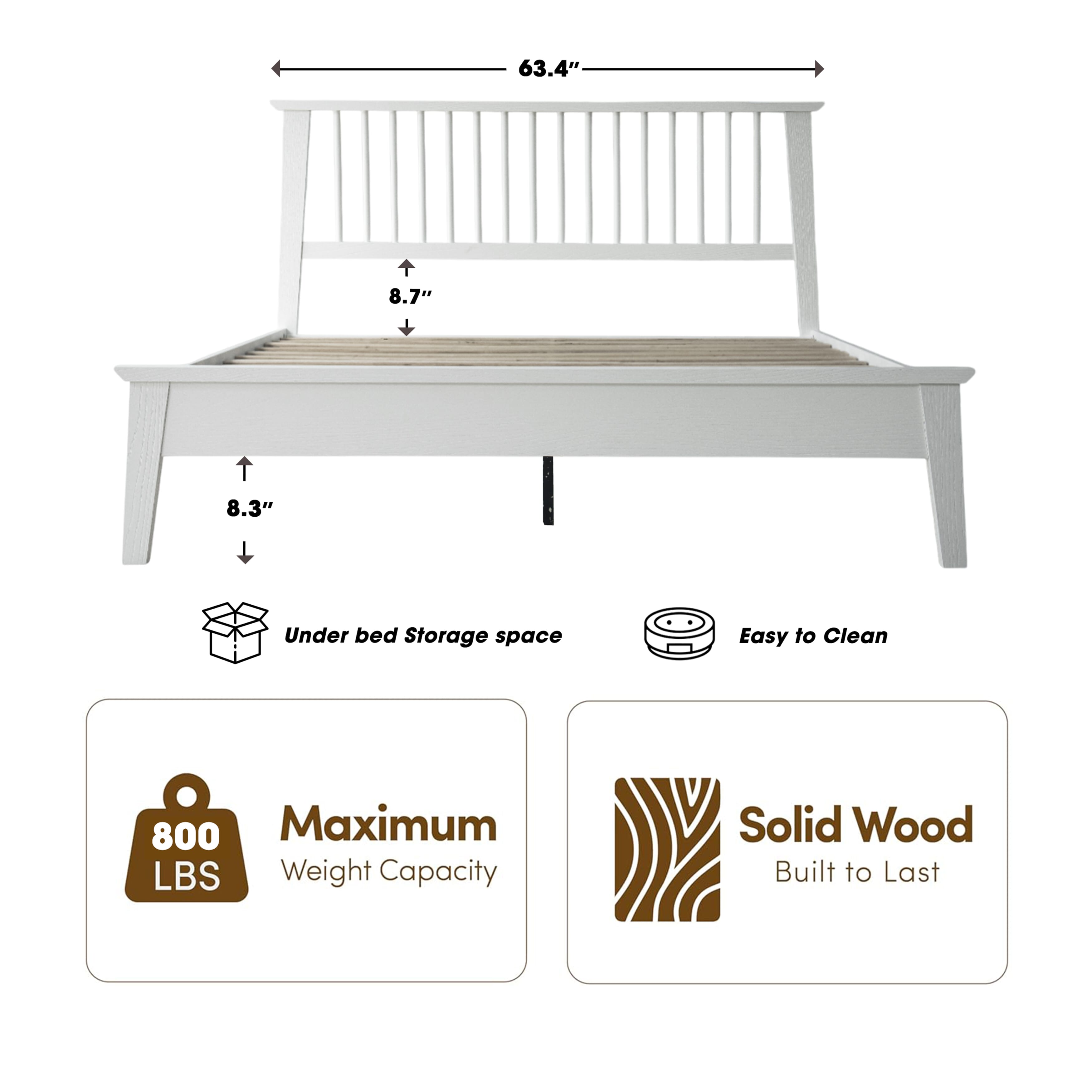 Full Size Bed Frame, Headboard & Footboard, Solid Wood Platform Bed, Anti-Slip & Noise-Free, 12 Durable Slatted Base, Center Metal Legs, Easy Assembly, No Box Spring Needed, Pure White Finish, YUF-39