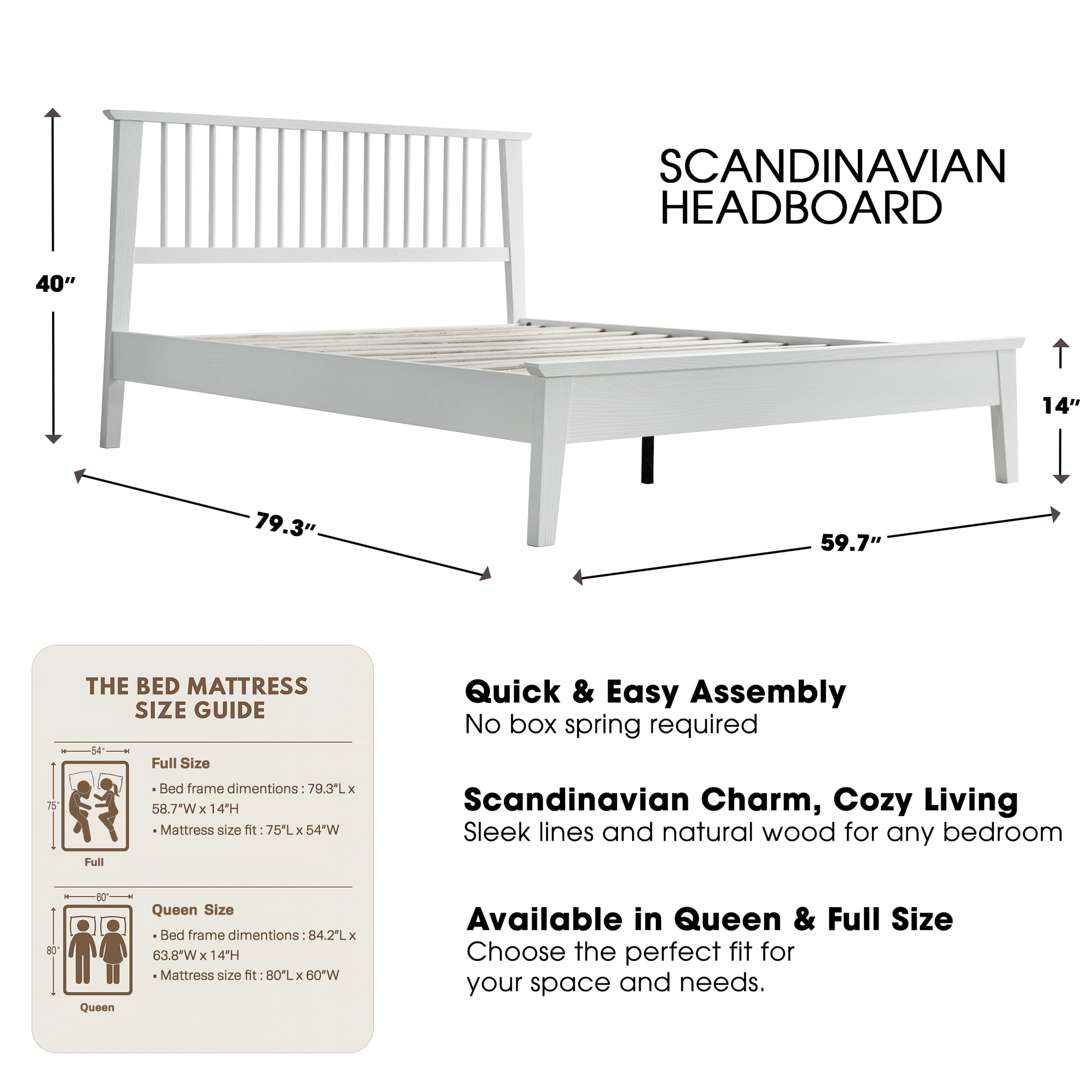 Full Size Bed Frame, Headboard & Footboard, Solid Wood Platform Bed, Anti-Slip & Noise-Free, 12 Durable Slatted Base, Center Metal Legs, Easy Assembly, No Box Spring Needed, Pure White Finish, YUF-39