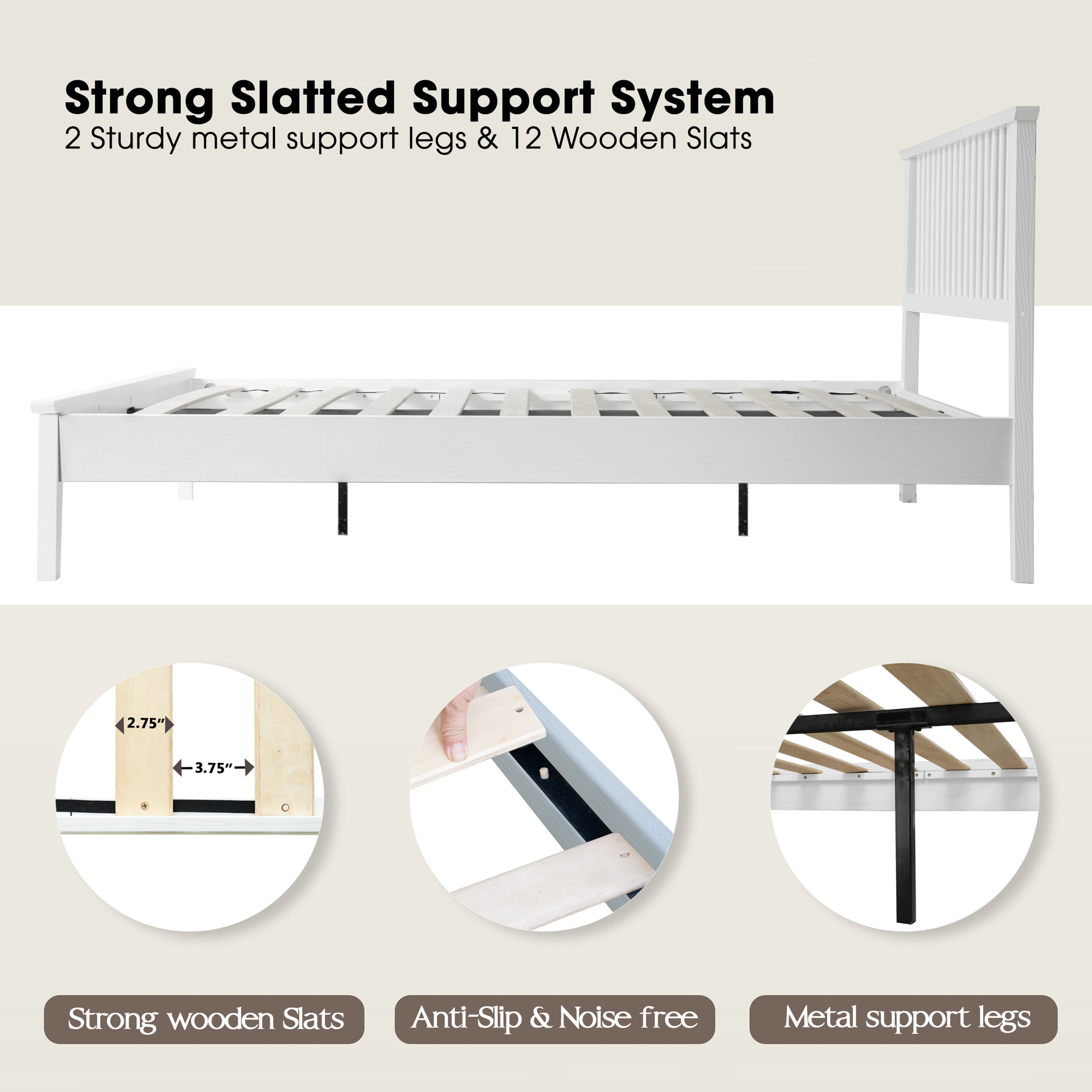 Full Size Bed Frame, Headboard & Footboard, Solid Wood Platform Bed, Anti-Slip & Noise-Free, 12 Durable Slatted Base, Center Metal Legs, Easy Assembly, No Box Spring Needed, Pure White Finish, YUF-39
