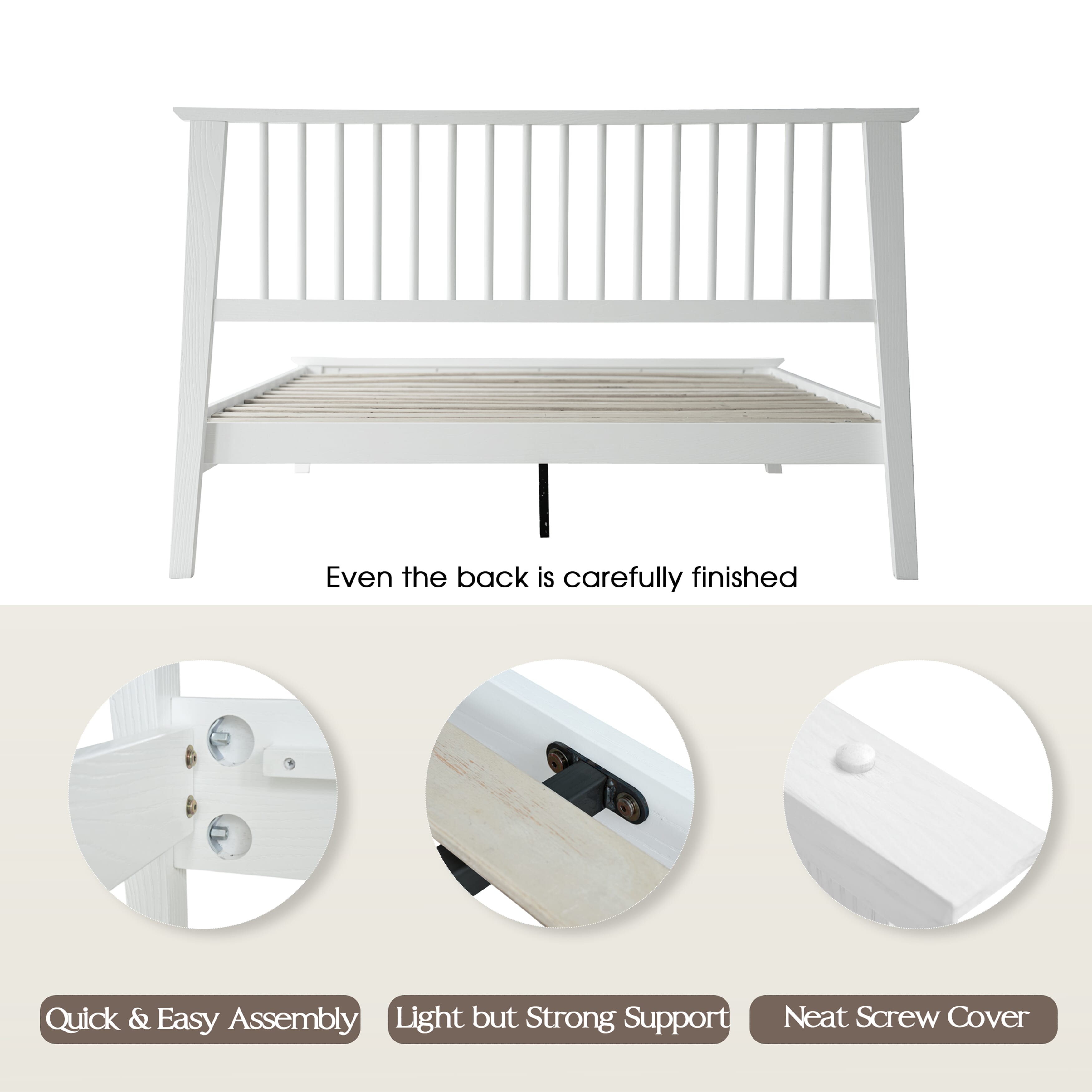 Full Size Bed Frame, Headboard & Footboard, Solid Wood Platform Bed, Anti-Slip & Noise-Free, 12 Durable Slatted Base, Center Metal Legs, Easy Assembly, No Box Spring Needed, Pure White Finish, YUF-39