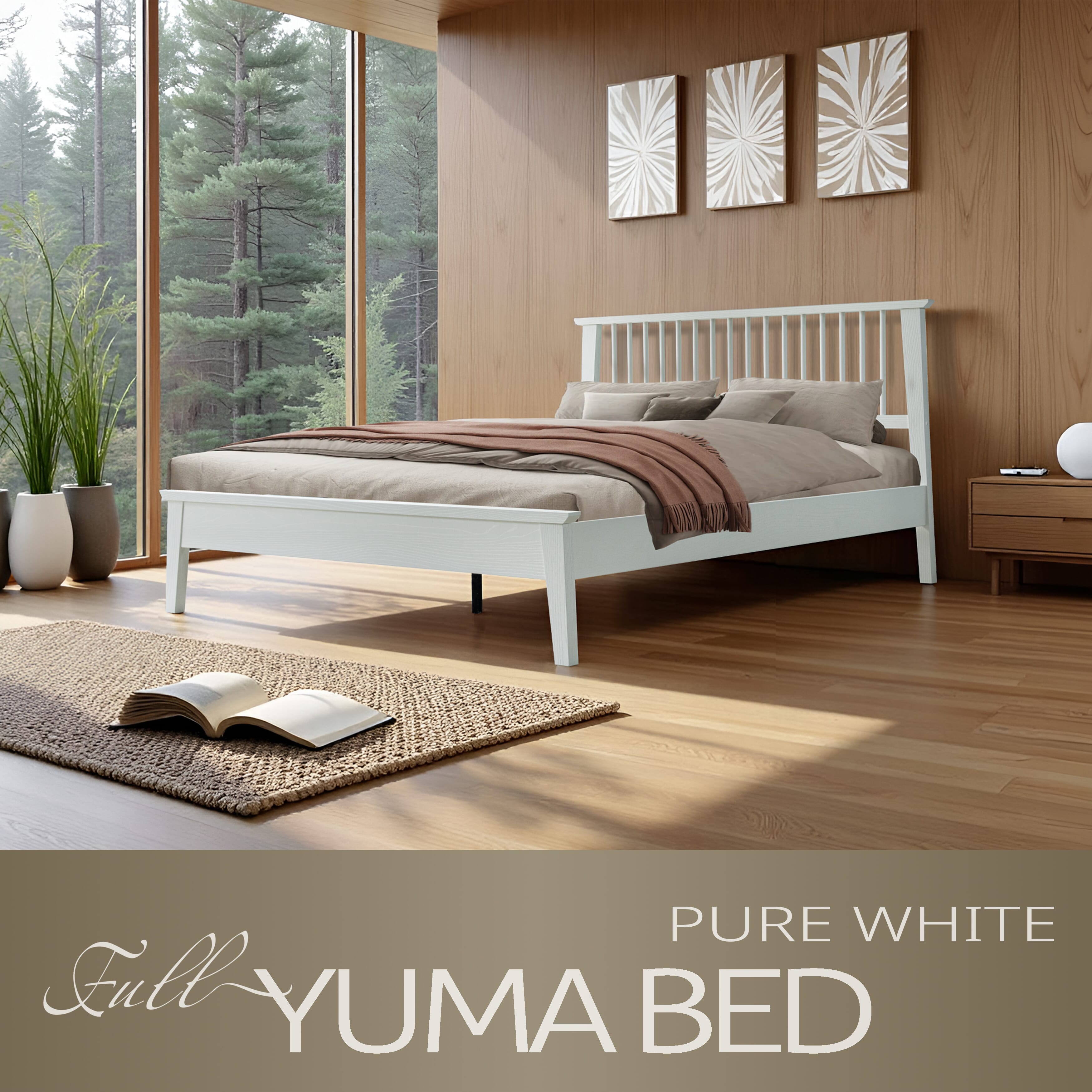 Full Size Bed Frame, Headboard & Footboard, Solid Wood Platform Bed, Anti-Slip & Noise-Free, 12 Durable Slatted Base, Center Metal Legs, Easy Assembly, No Box Spring Needed, Pure White Finish, YUF-39
