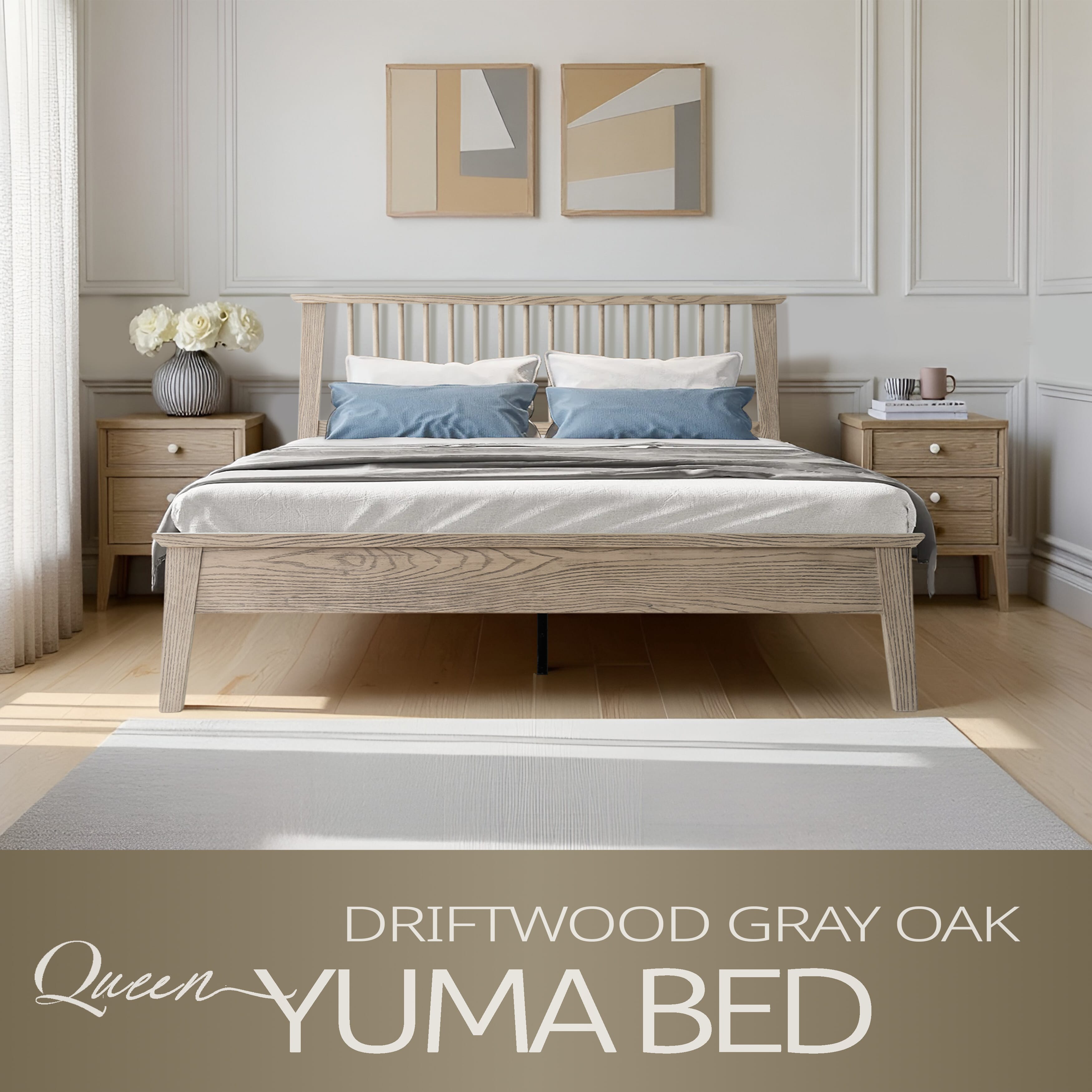 Queen Size Platform Bed Frame with Solid Wood Headboard & Footboard, Center Metal Legs, 12 Durable Slatted Base, No Box Spring Needed, Noise-Free & Slip-Free, Driftwood Gray Oak Finish, YUQ-33