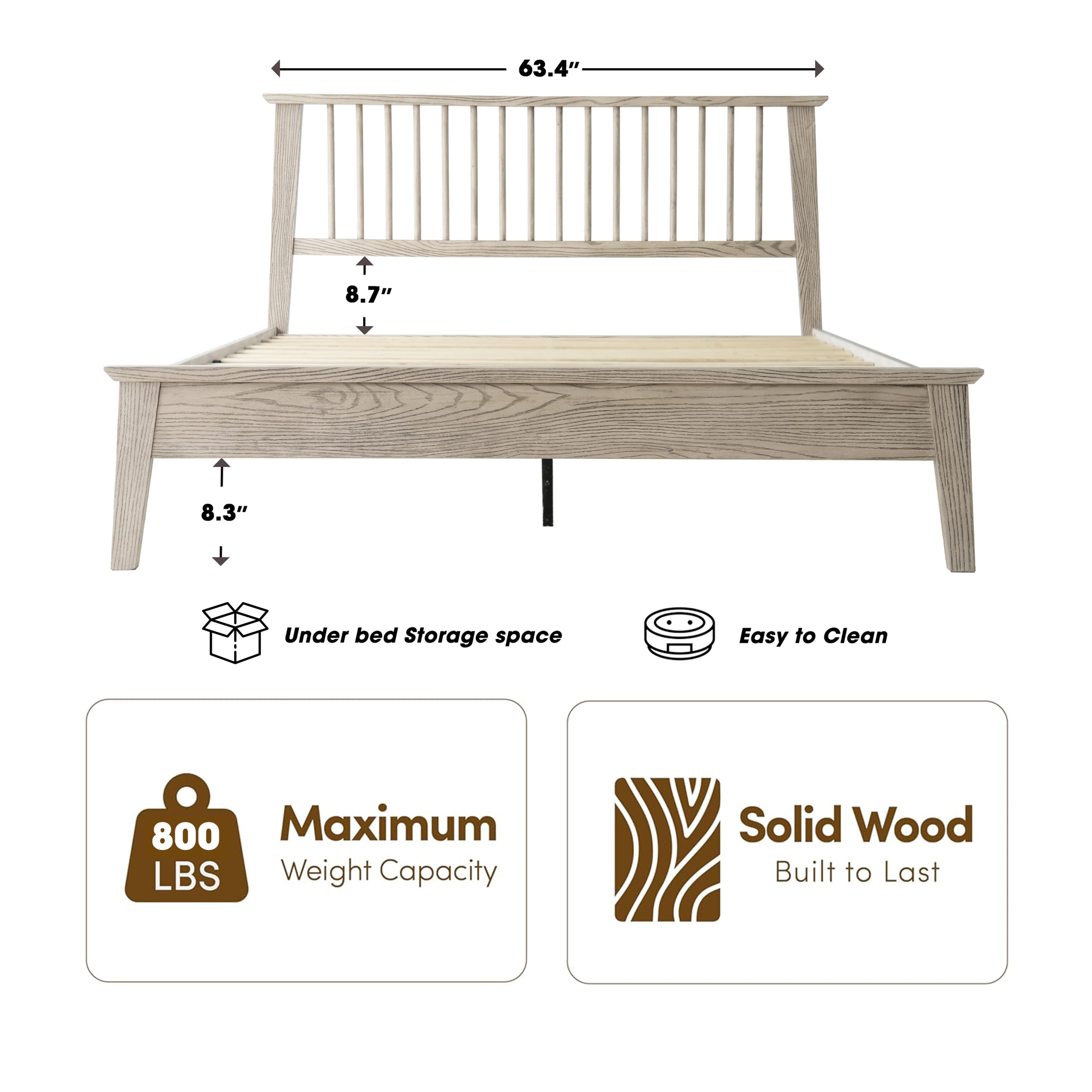 Queen Size Platform Bed Frame with Solid Wood Headboard & Footboard, Center Metal Legs, 12 Durable Slatted Base, No Box Spring Needed, Noise-Free & Slip-Free, Driftwood Gray Oak Finish, YUQ-33
