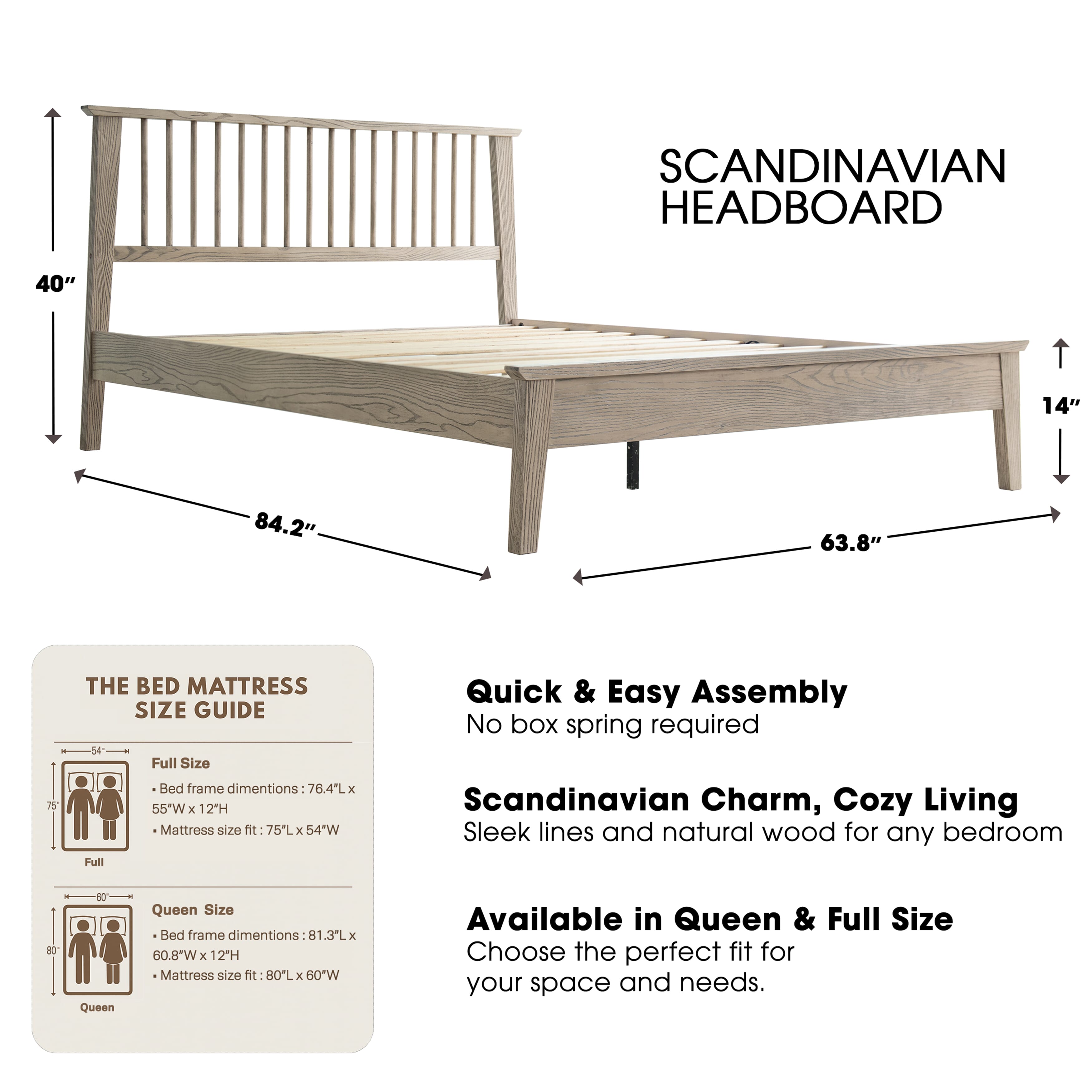 Queen Size Platform Bed Frame with Solid Wood Headboard & Footboard, Center Metal Legs, 12 Durable Slatted Base, No Box Spring Needed, Noise-Free & Slip-Free, Driftwood Gray Oak Finish, YUQ-33