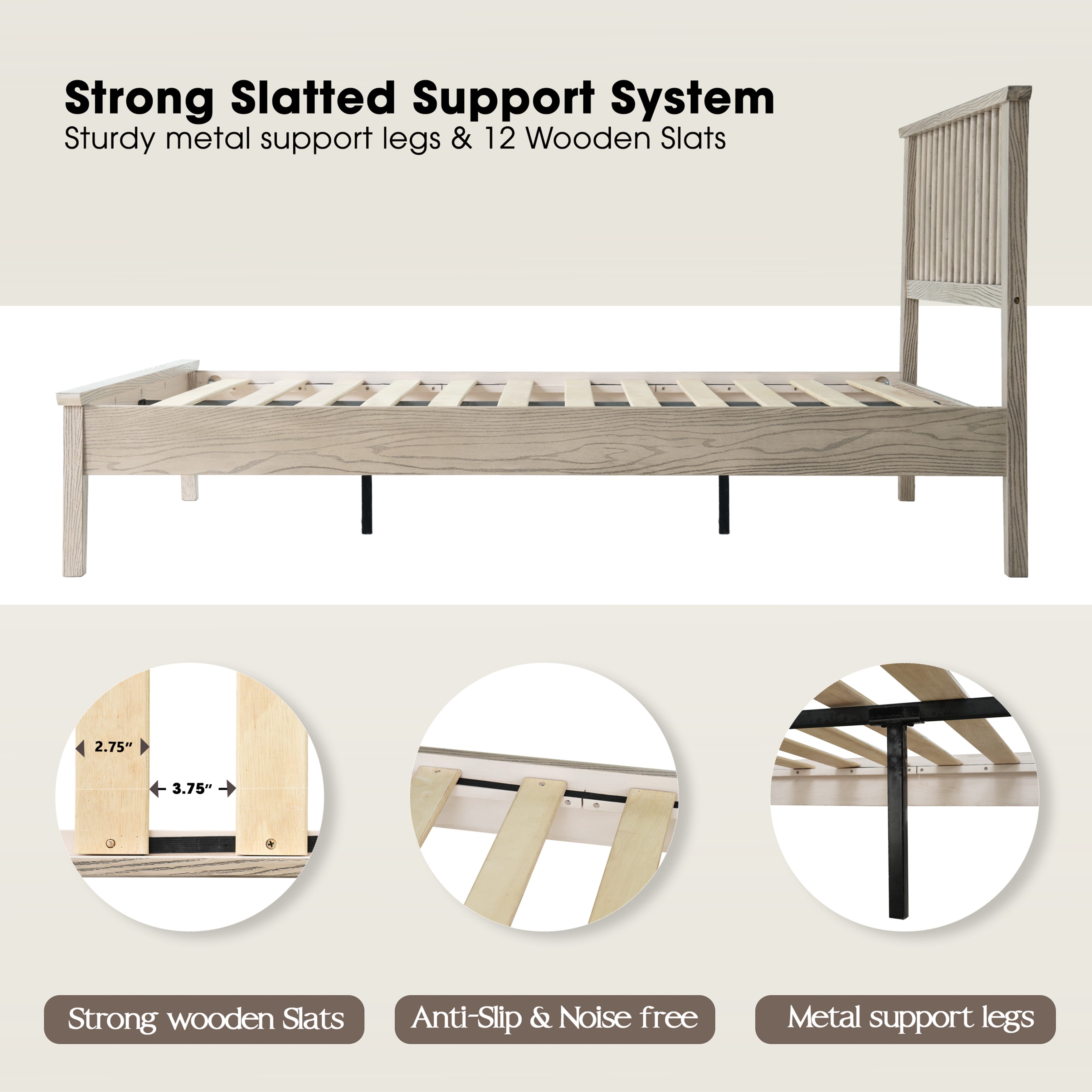 Queen Size Platform Bed Frame with Solid Wood Headboard & Footboard, Center Metal Legs, 12 Durable Slatted Base, No Box Spring Needed, Noise-Free & Slip-Free, Driftwood Gray Oak Finish, YUQ-33