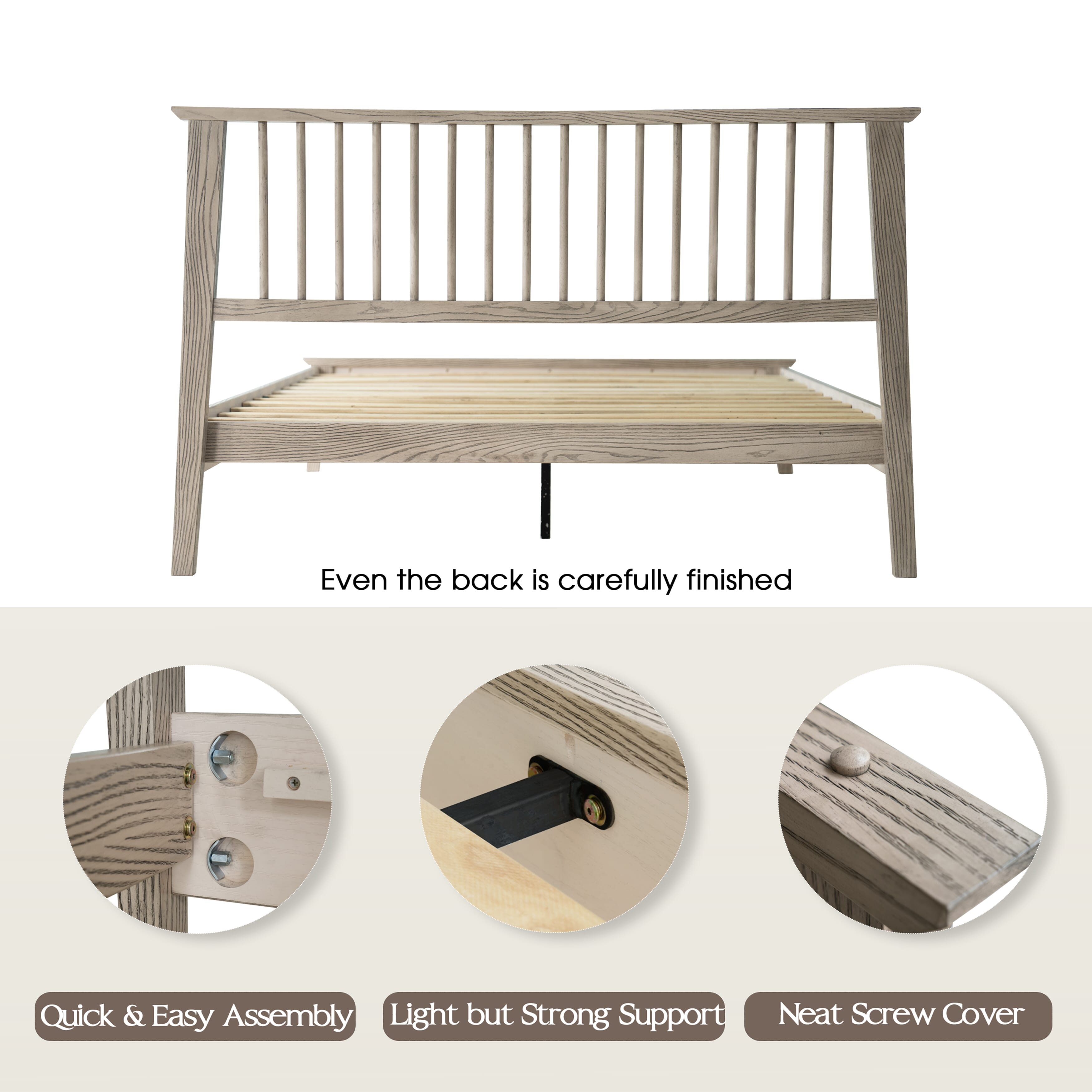 Queen Size Platform Bed Frame with Solid Wood Headboard & Footboard, Center Metal Legs, 12 Durable Slatted Base, No Box Spring Needed, Noise-Free & Slip-Free, Driftwood Gray Oak Finish, YUQ-33