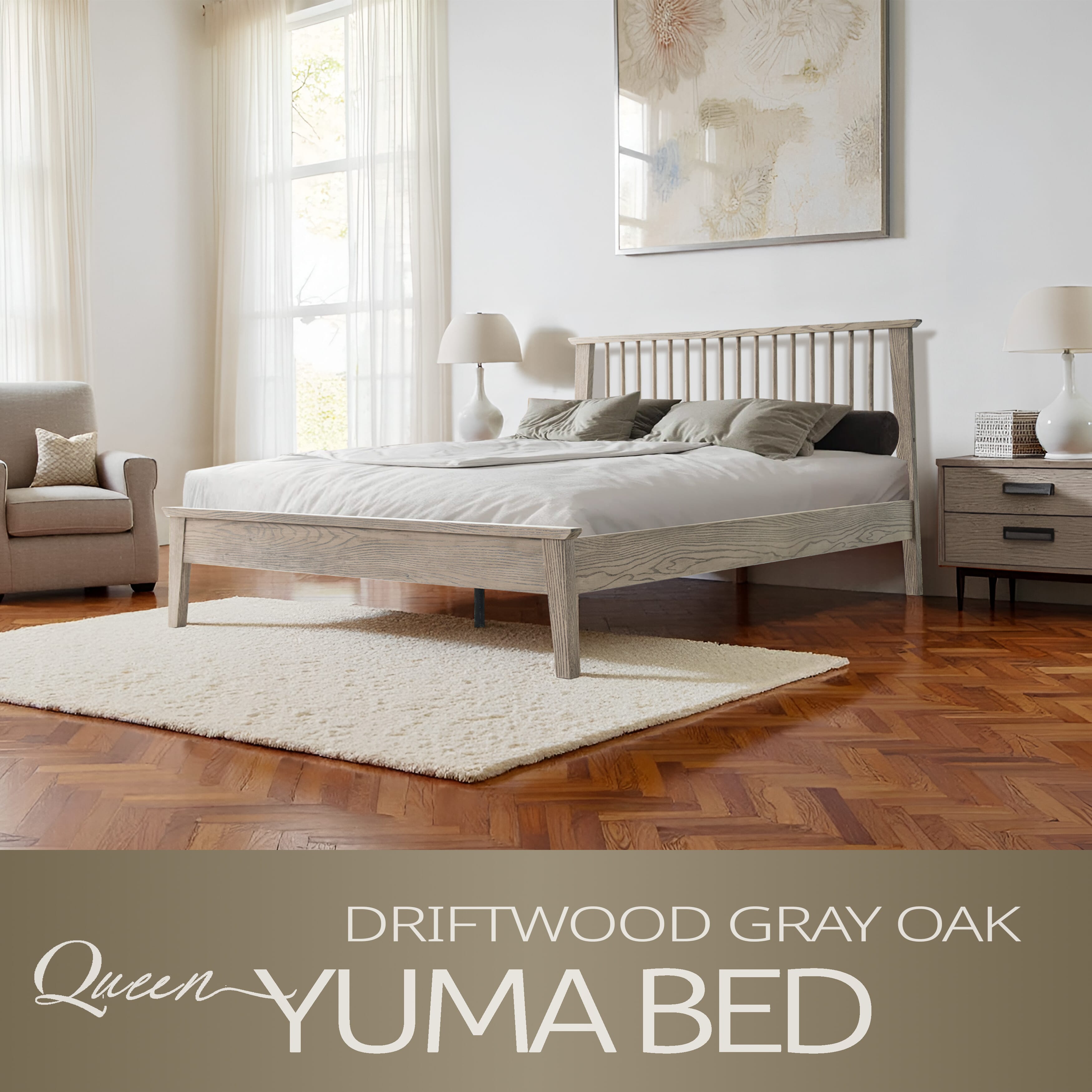 Queen Size Platform Bed Frame with Solid Wood Headboard & Footboard, Center Metal Legs, 12 Durable Slatted Base, No Box Spring Needed, Noise-Free & Slip-Free, Driftwood Gray Oak Finish, YUQ-33