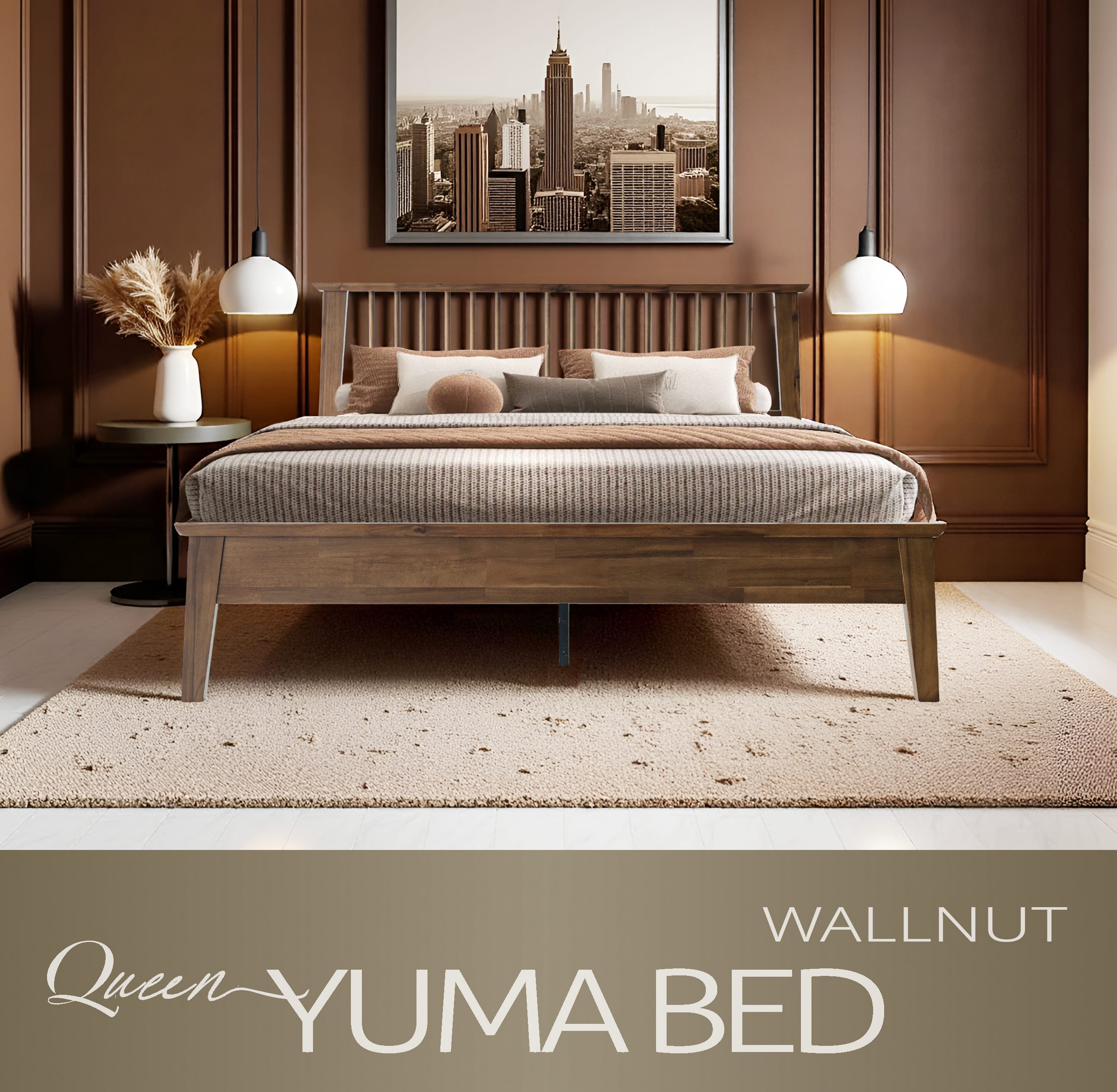 Queen Size Solid Wood Platform Bed Frame with Headboard & Footboard, Center Metal Legs, 12 Sturdy Slatted Base, Easy Assembly, No Box Spring Needed, Noise-Free & Slip-Free, Walnut Finish, YUQ-37