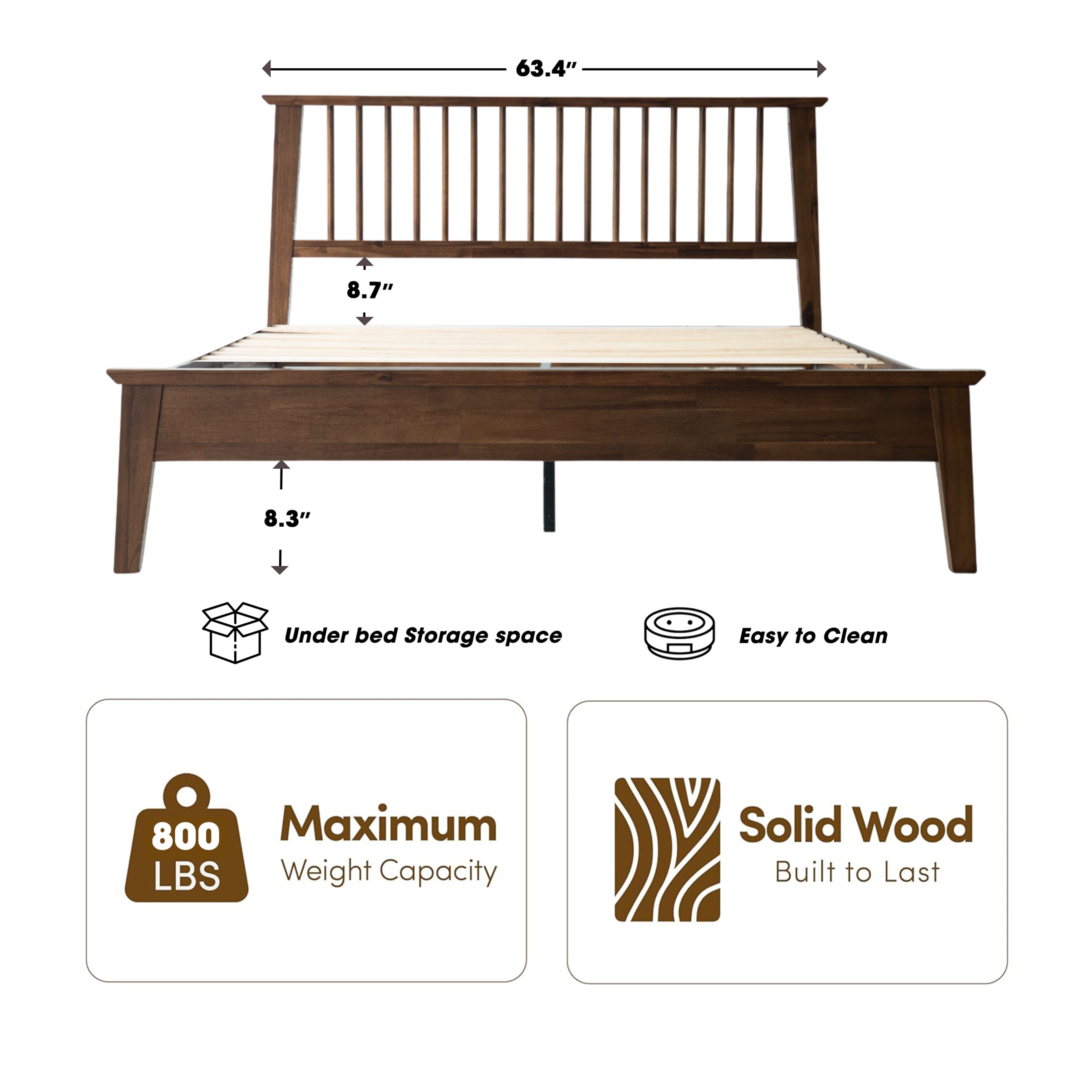 Queen Size Solid Wood Platform Bed Frame with Headboard & Footboard, Center Metal Legs, 12 Sturdy Slatted Base, Easy Assembly, No Box Spring Needed, Noise-Free & Slip-Free, Walnut Finish, YUQ-37