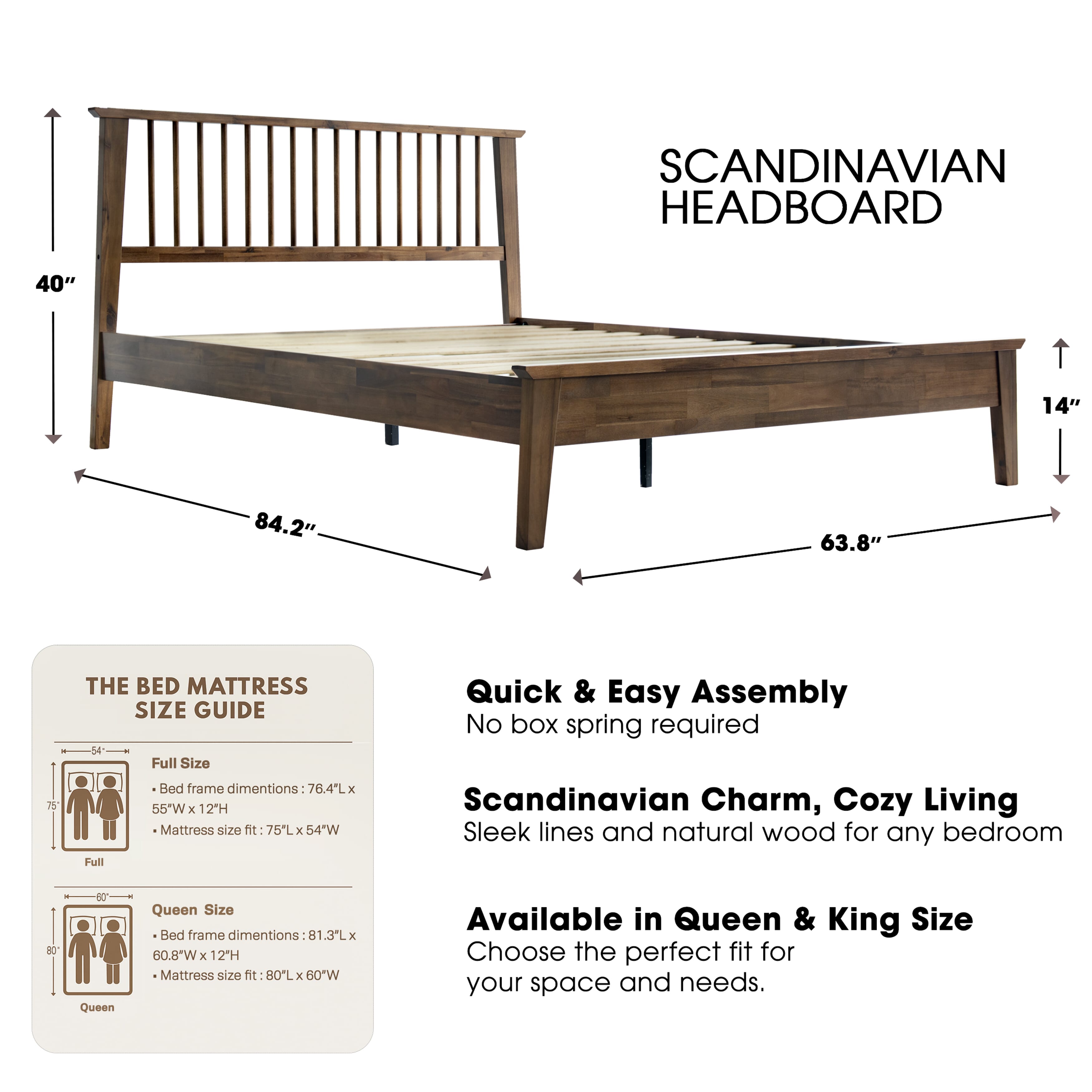 Queen Size Solid Wood Platform Bed Frame with Headboard & Footboard, Center Metal Legs, 12 Sturdy Slatted Base, Easy Assembly, No Box Spring Needed, Noise-Free & Slip-Free, Walnut Finish, YUQ-37