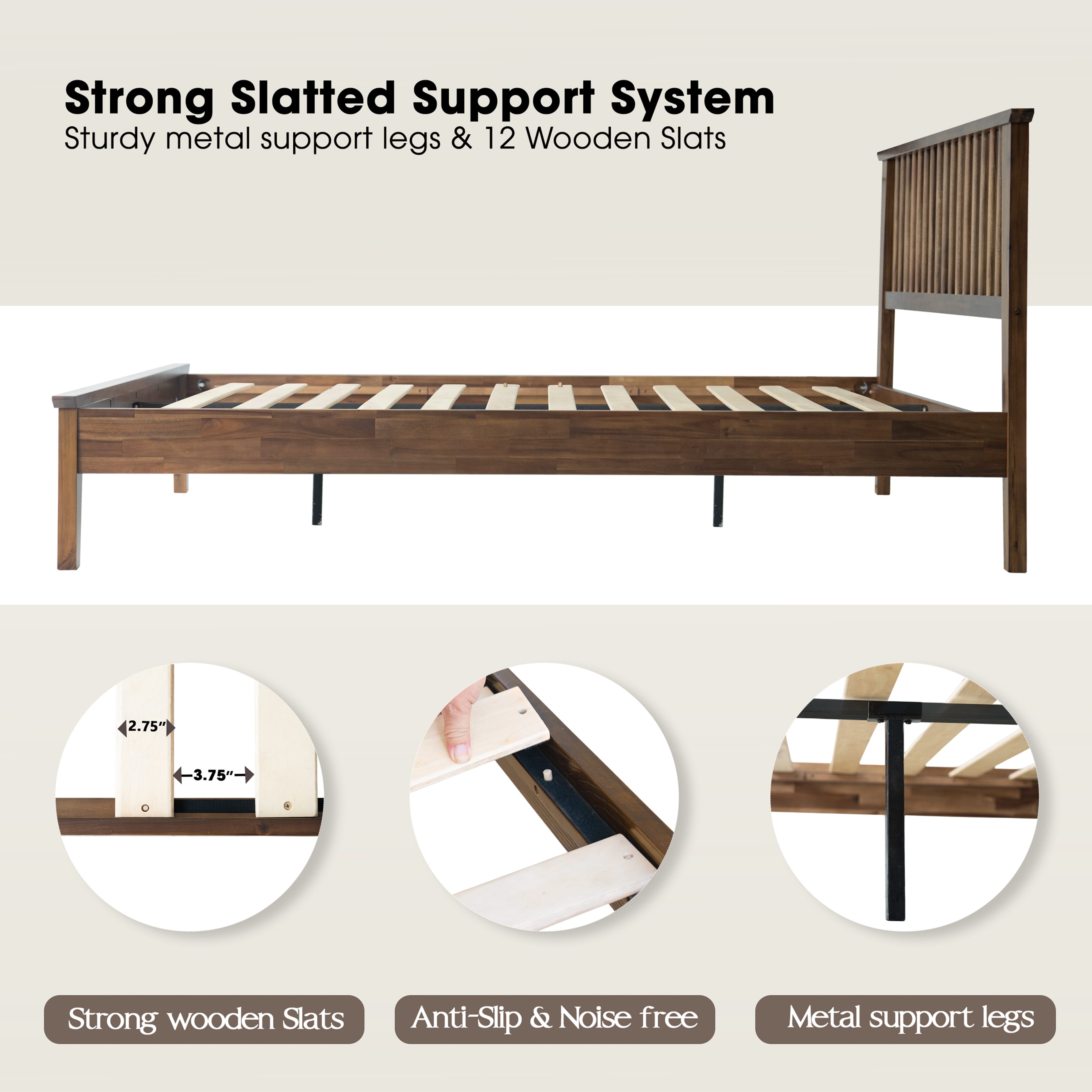 Queen Size Solid Wood Platform Bed Frame with Headboard & Footboard, Center Metal Legs, 12 Sturdy Slatted Base, Easy Assembly, No Box Spring Needed, Noise-Free & Slip-Free, Walnut Finish, YUQ-37