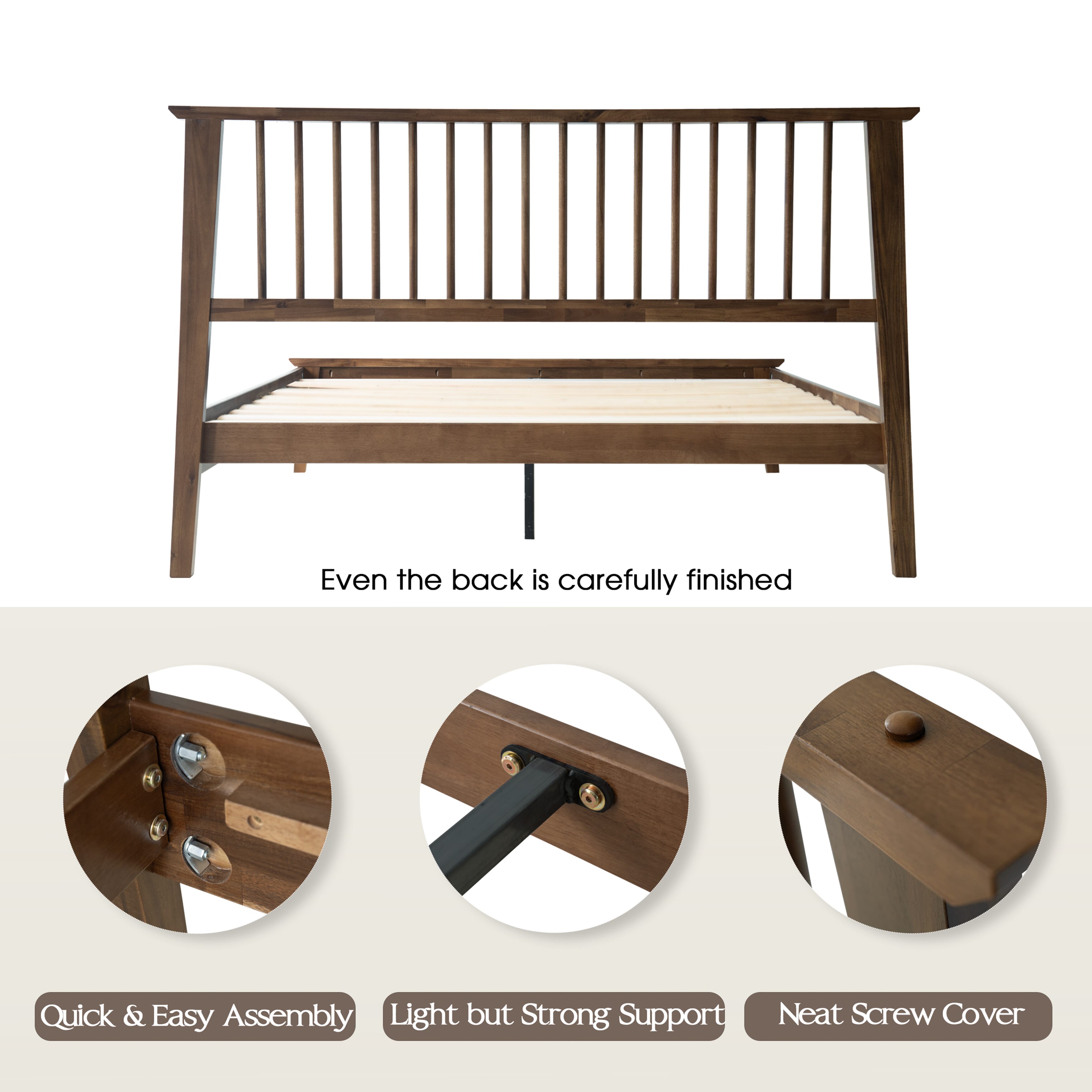 Queen Size Solid Wood Platform Bed Frame with Headboard & Footboard, Center Metal Legs, 12 Sturdy Slatted Base, Easy Assembly, No Box Spring Needed, Noise-Free & Slip-Free, Walnut Finish, YUQ-37