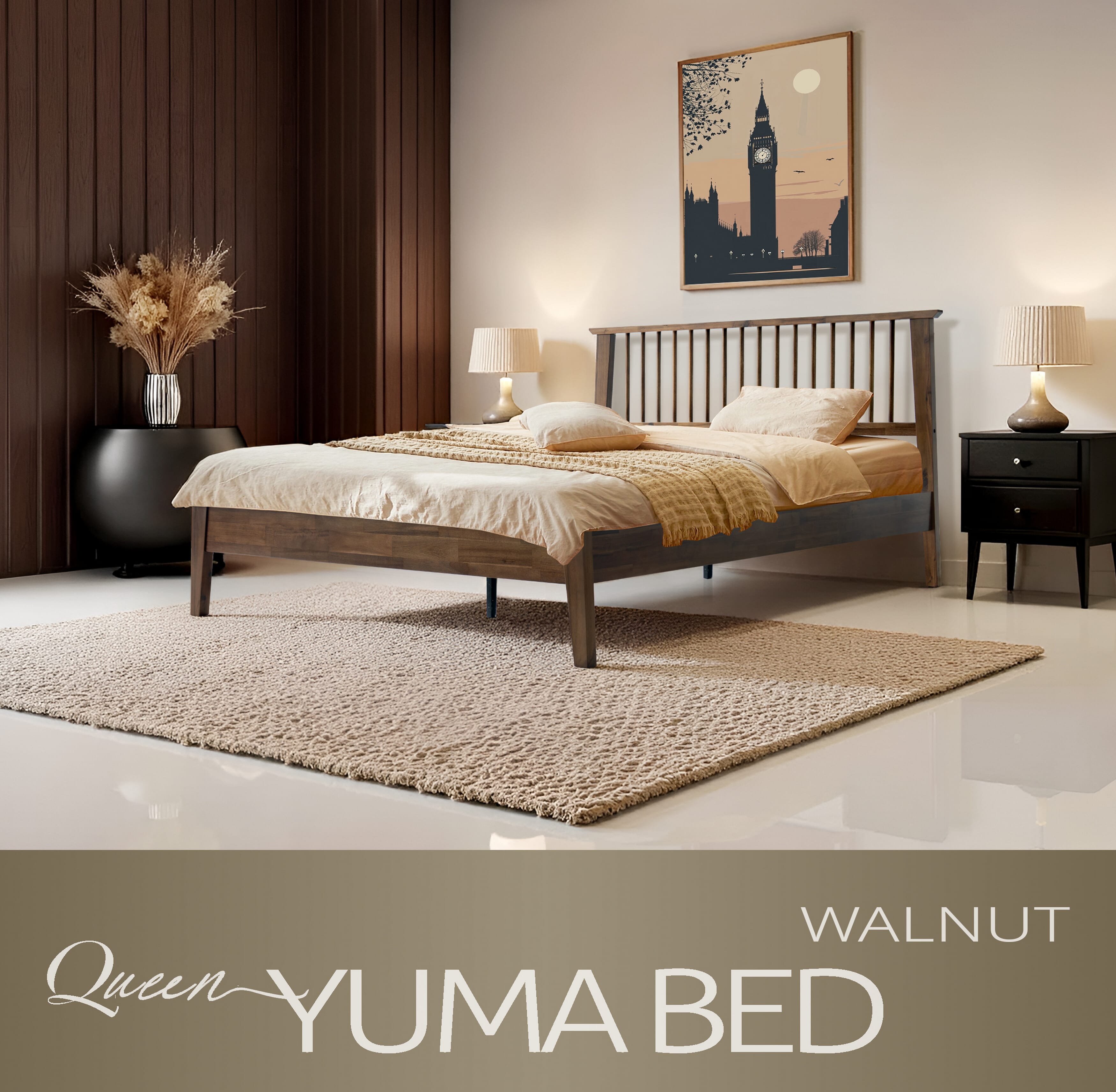 Queen Size Solid Wood Platform Bed Frame with Headboard & Footboard, Center Metal Legs, 12 Sturdy Slatted Base, Easy Assembly, No Box Spring Needed, Noise-Free & Slip-Free, Walnut Finish, YUQ-37