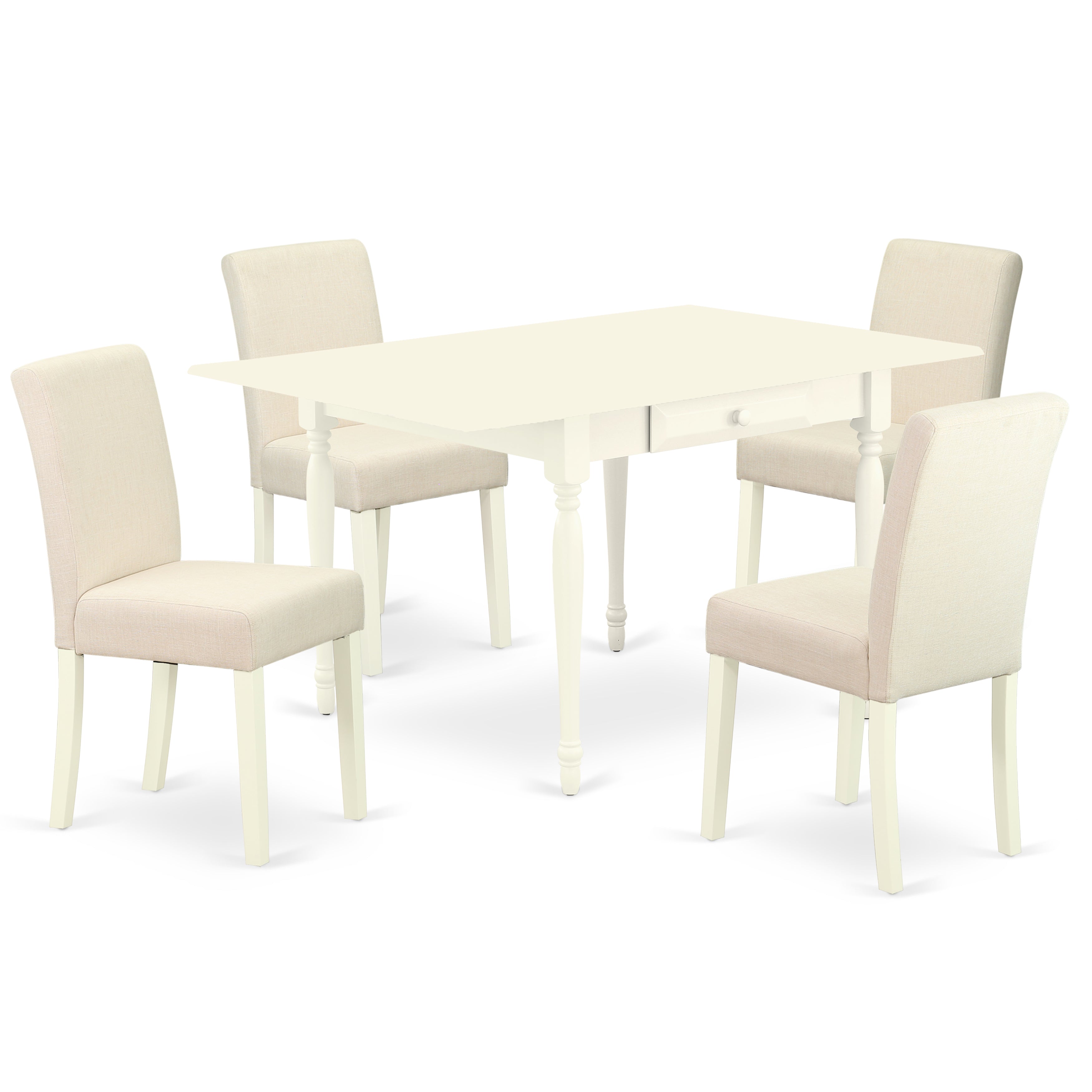 Juego de cocina de 5 piezas East West Furniture 1MZAB5-LWH-02. Incluye una mesa de comedor moderna y cuatro sillas Parson con tela de lino beige claro, mesa abatible con respaldo completo y acabado blanco lino.