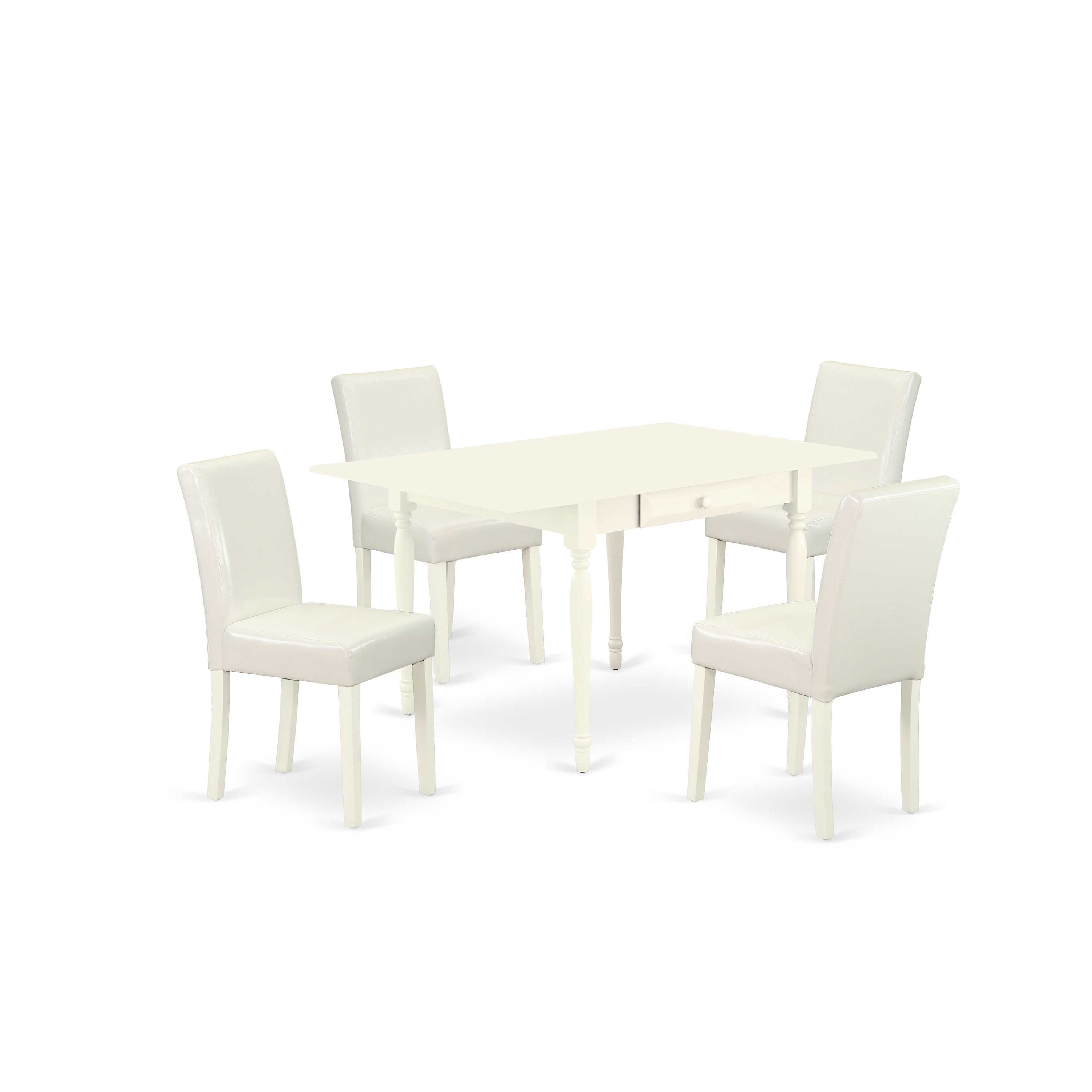 East West Furniture 1MZAB5-LWH-64 5Pc Wood Dining Table Set Consists of a Dining Table and 4 Parsons Dining Chairs with White Color PU Leather, Drop Leaf Table with Full Back Chairs, Linen White Finish