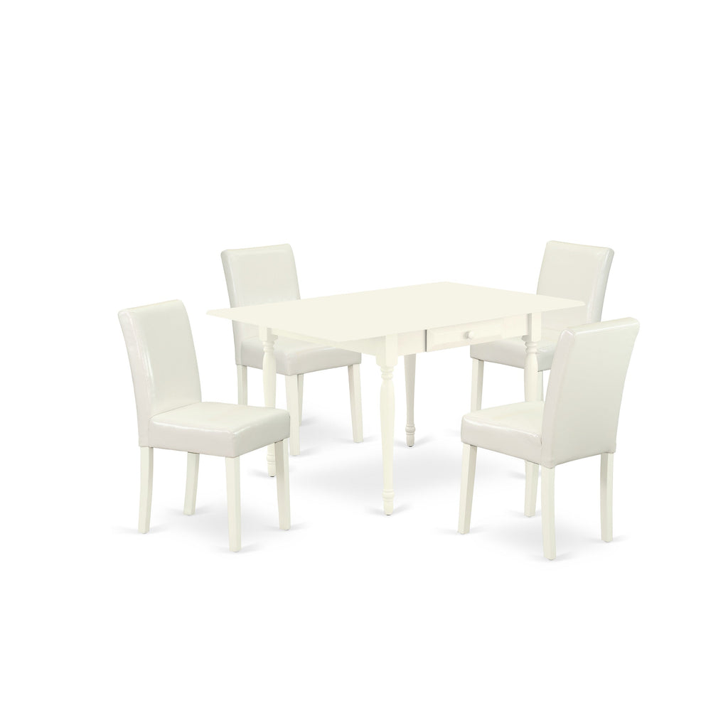 East West Furniture 1MZAB5-LWH-64 5 Piece Dining Room Furniture Set Includes a Rectangle Dining Table with Dropleaf and 4 White Faux Leather Upholstered Chairs, 36x54 Inch, Linen White
