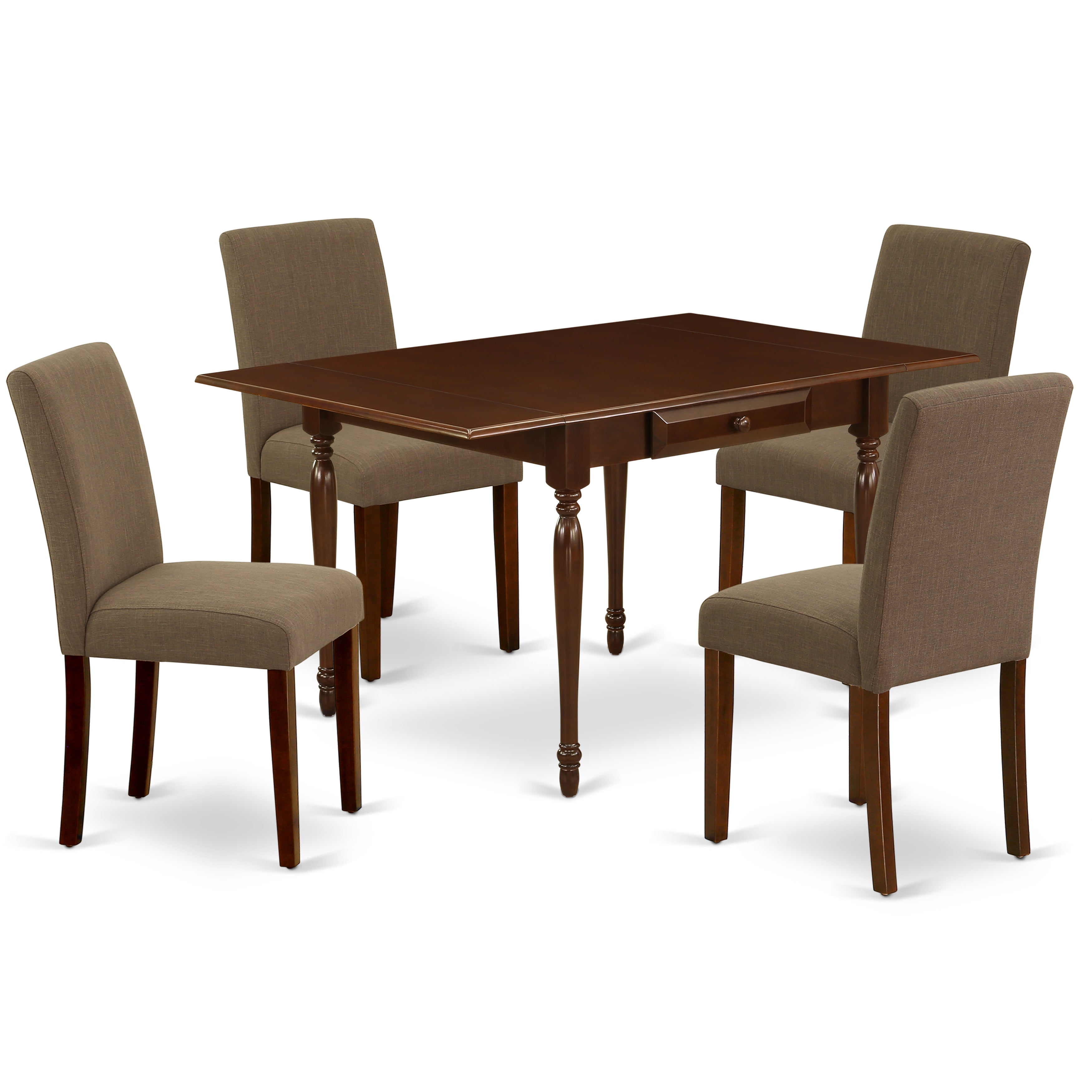 Juego de mesa de comedor moderno East West Furniture 1MZAB5-MAH-18 de 5 piezas. Incluye una mesa de comedor de madera y 4 sillas Parson con tela de lino color café, mesa abatible con sillas de respaldo completo y acabado caoba.