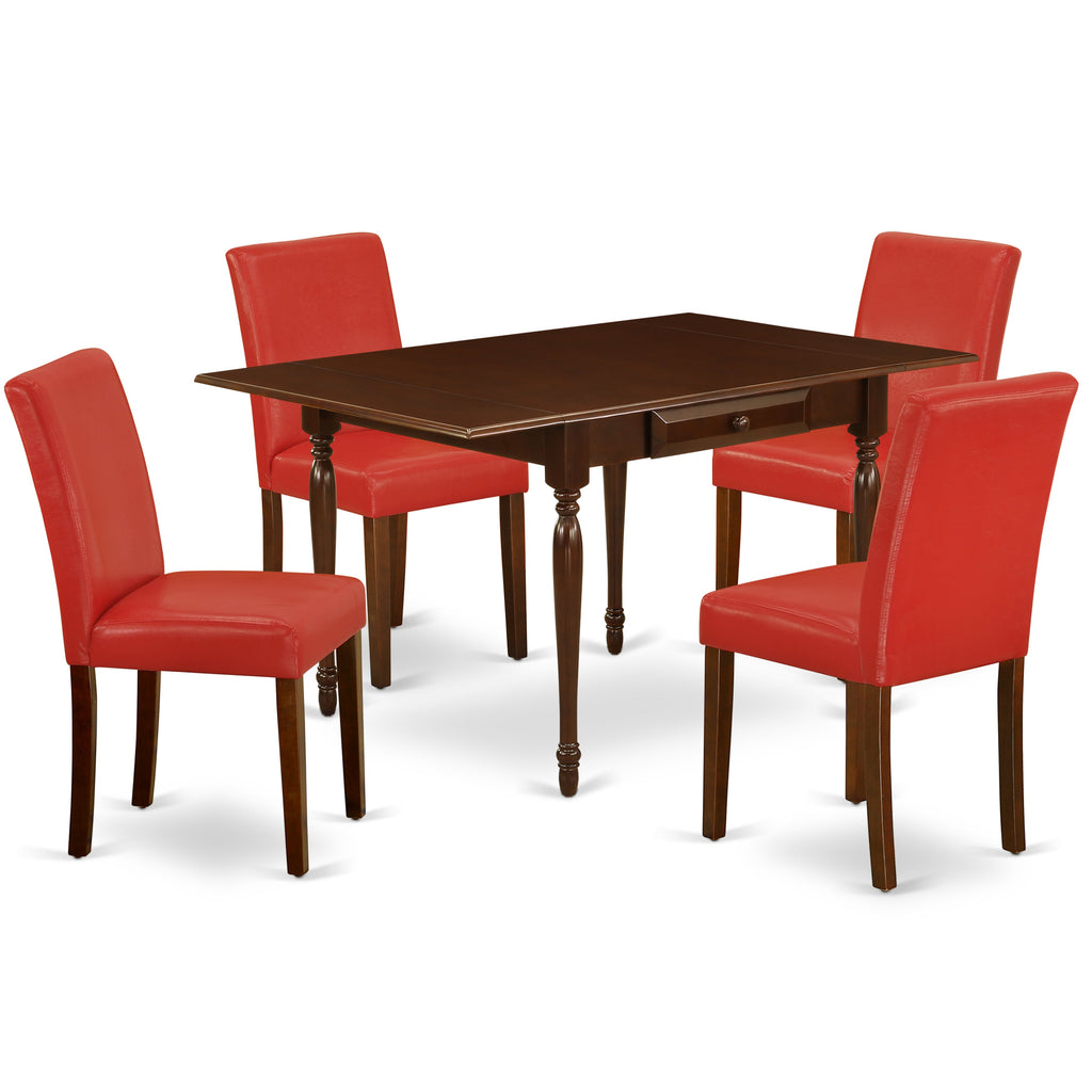 East West Furniture 1MZAB5-MAH-72 5Pc Dining Set for 4 Includes a Dining Room Table and 4 Parsons Chairs with Firebrick Red Color PU Leather, Drop Leaf Table with Full Back Chairs, Mahogany Finish