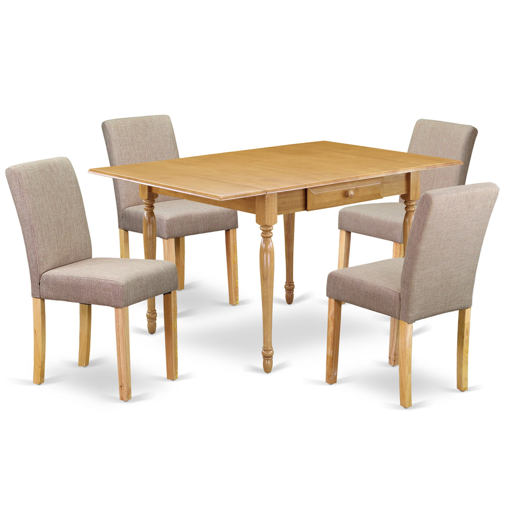Juego de mesa de cocina de 5 piezas East West Furniture 1MZAB5-OAK-04. Incluye una mesa de comedor y 4 sillas Parson con tela de lino color beige claro, mesa abatible con respaldo completo y acabado en roble.