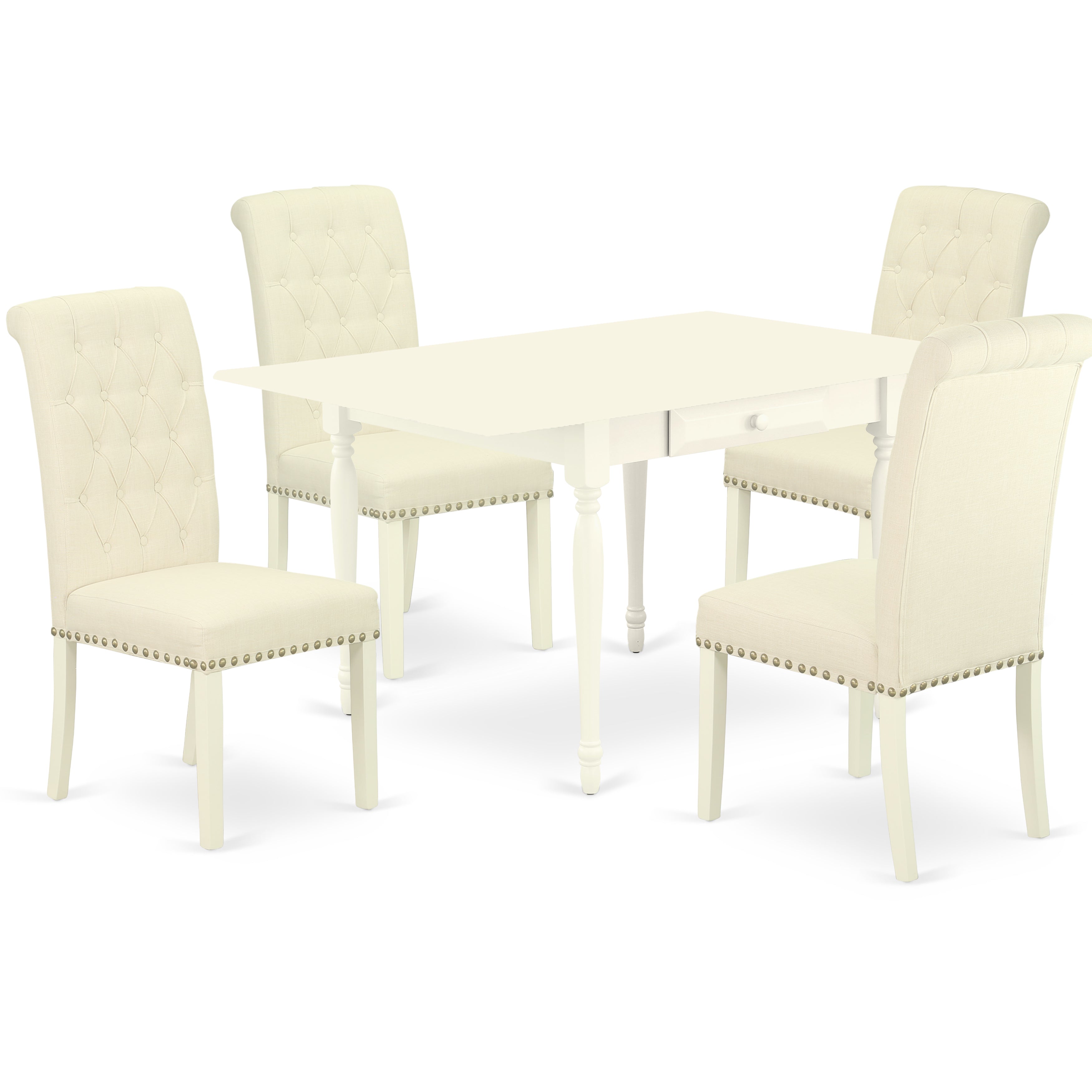 East West Furniture 1MZBR5-LWH-02 5Pc Dinette Set Includes a Small Table and 4 Parsons Dining Chairs with Light Beige Color Linen Fabric, Drop Leaf Table with Full Back Chairs, Linen White Finish