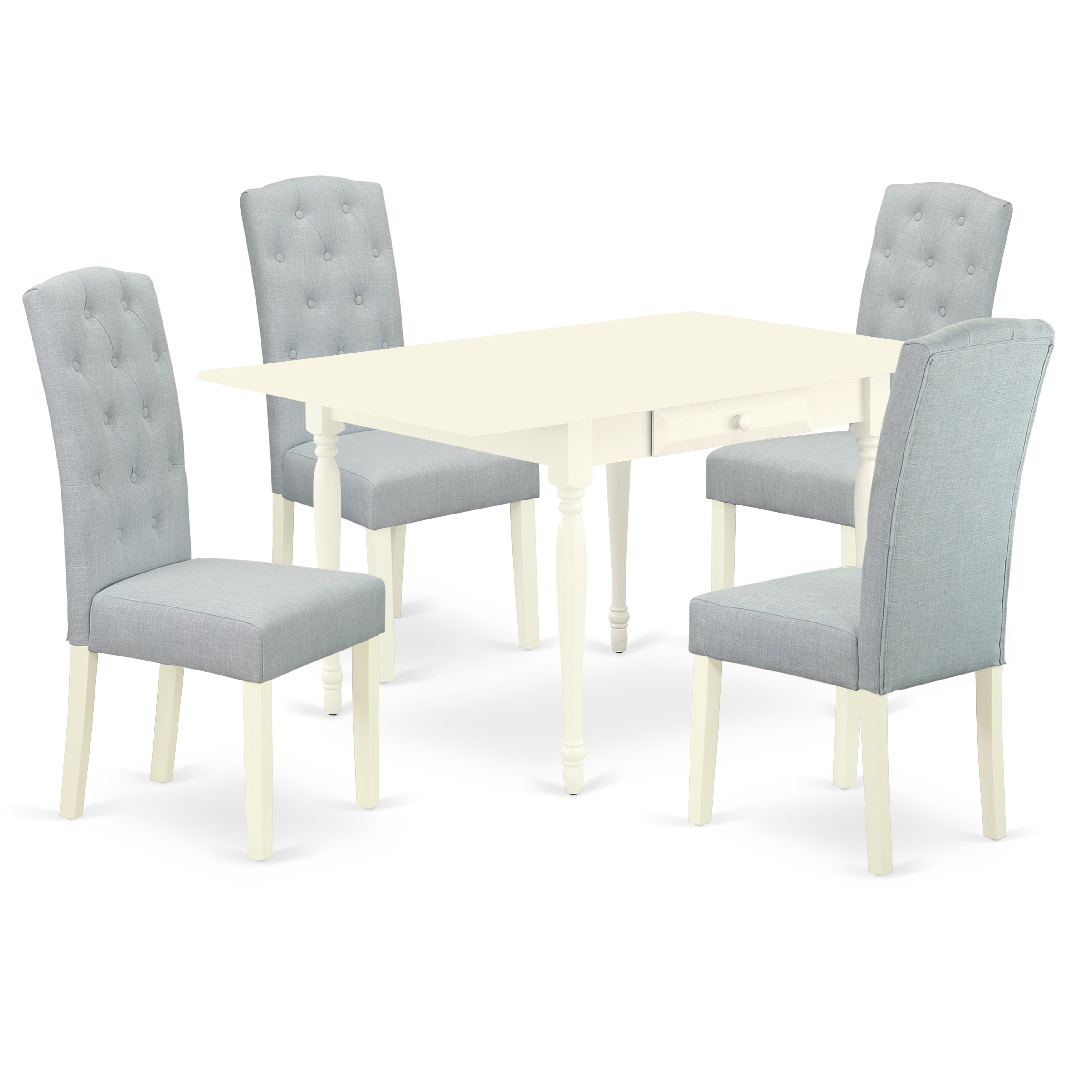 East West Furniture 1MZCE5-LWH-15 - Juego de comedor de 5 piezas para espacios pequeños (incluye una mesa de cocina pequeña y 4 sillas Parson con tela de lino azul bebé, mesa abatible con respaldo completo y acabado blanco lino)