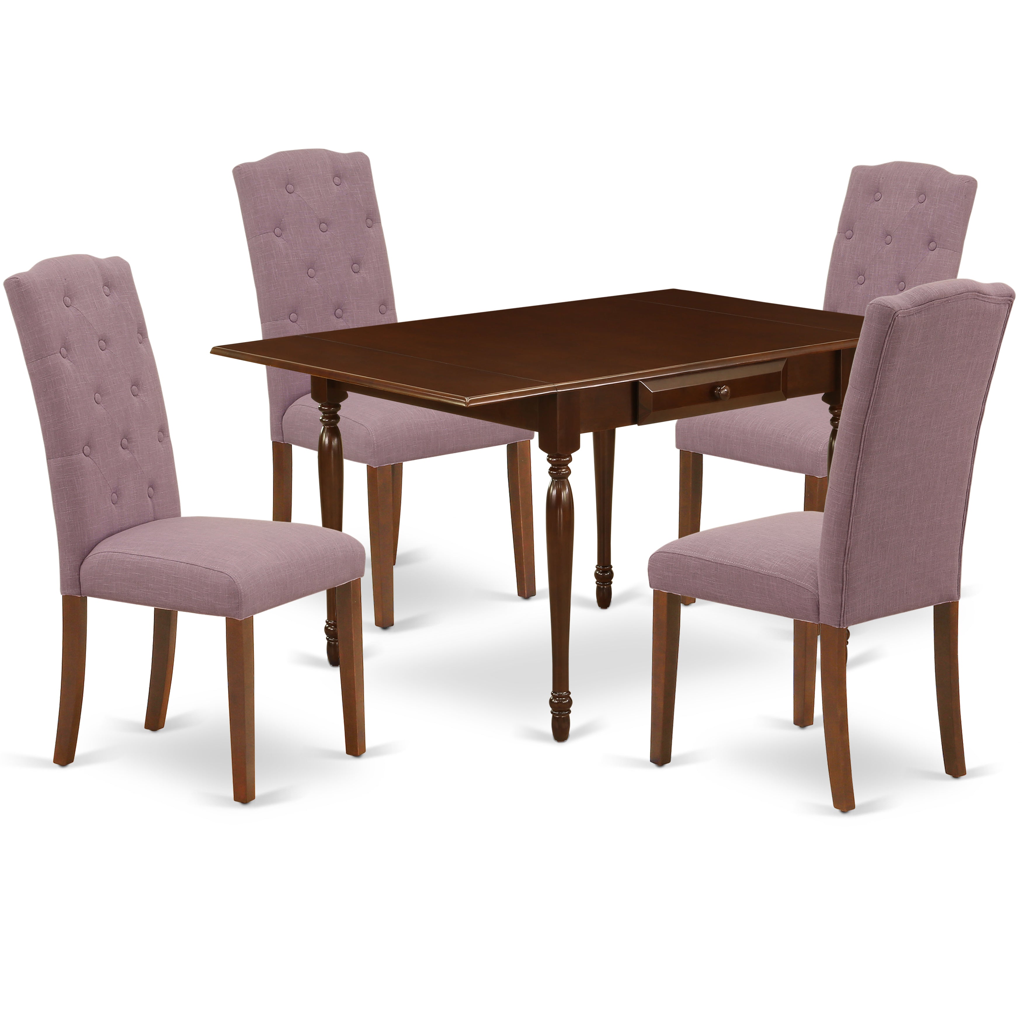 East West Furniture 1MZCE5-MAH-10 5Pc Dinette Set Offers a Wood Table and 4 Parsons Dining Chairs with Dahlia Color Linen Fabric, Drop Leaf Table with Full Back Chairs, Mahogany Finish