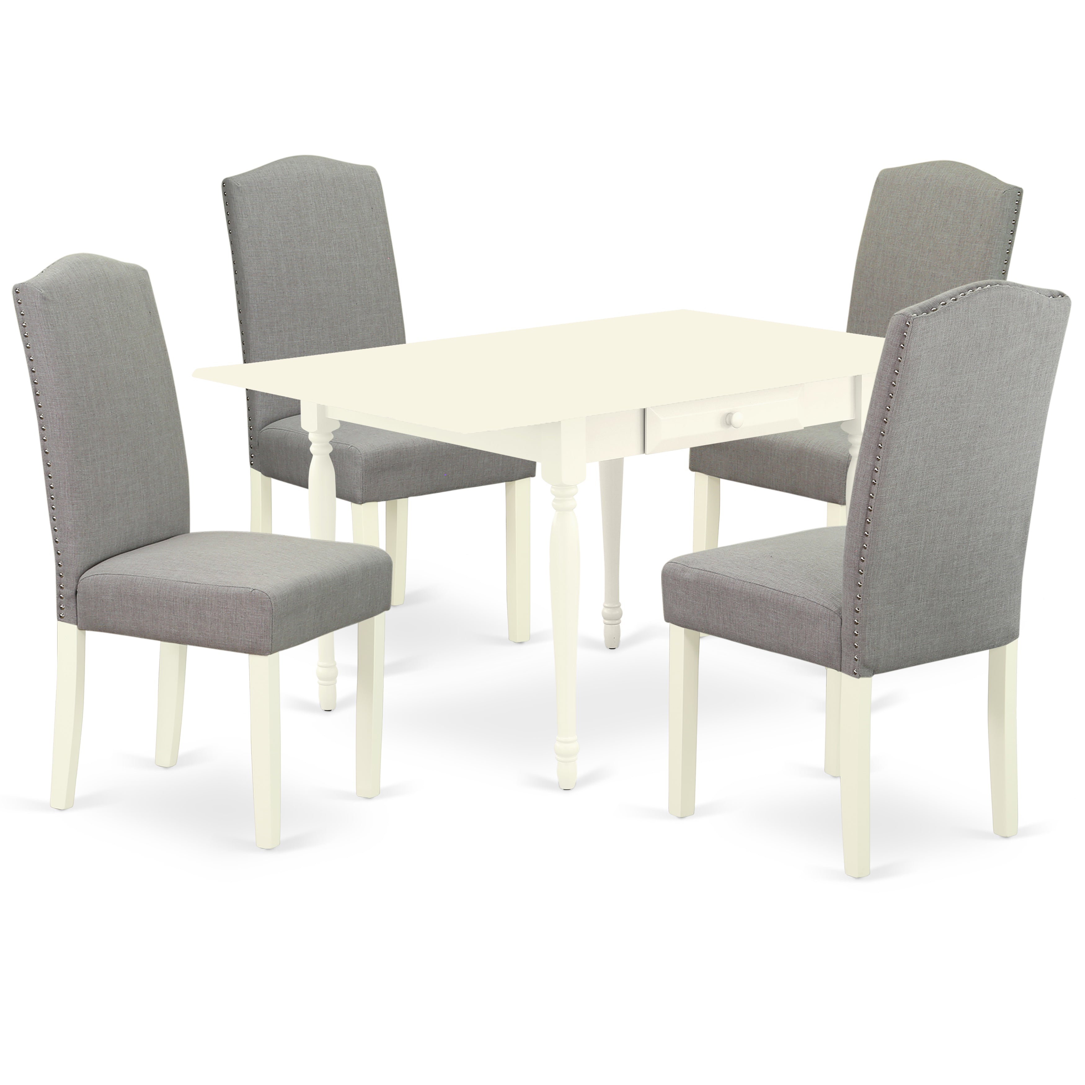 Juego de mesa de comedor moderno East West Furniture 1MZEN5-LWH-06 de 5 piezas. Incluye una mesa de comedor de madera y 4 sillas Parsons con tela de lino color shitake, mesa abatible con respaldo completo y acabado blanco lino.