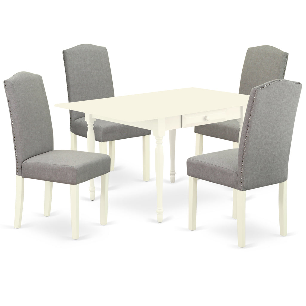 East West Furniture 1MZEN5-LWH-06 5Pc Modern Dining Table Set Contains a Wood Dining Table and 4 Parsons Chairs with Shitake Color Linen Fabric, Drop Leaf Table with Full Back Chairs, Linen White Finish
