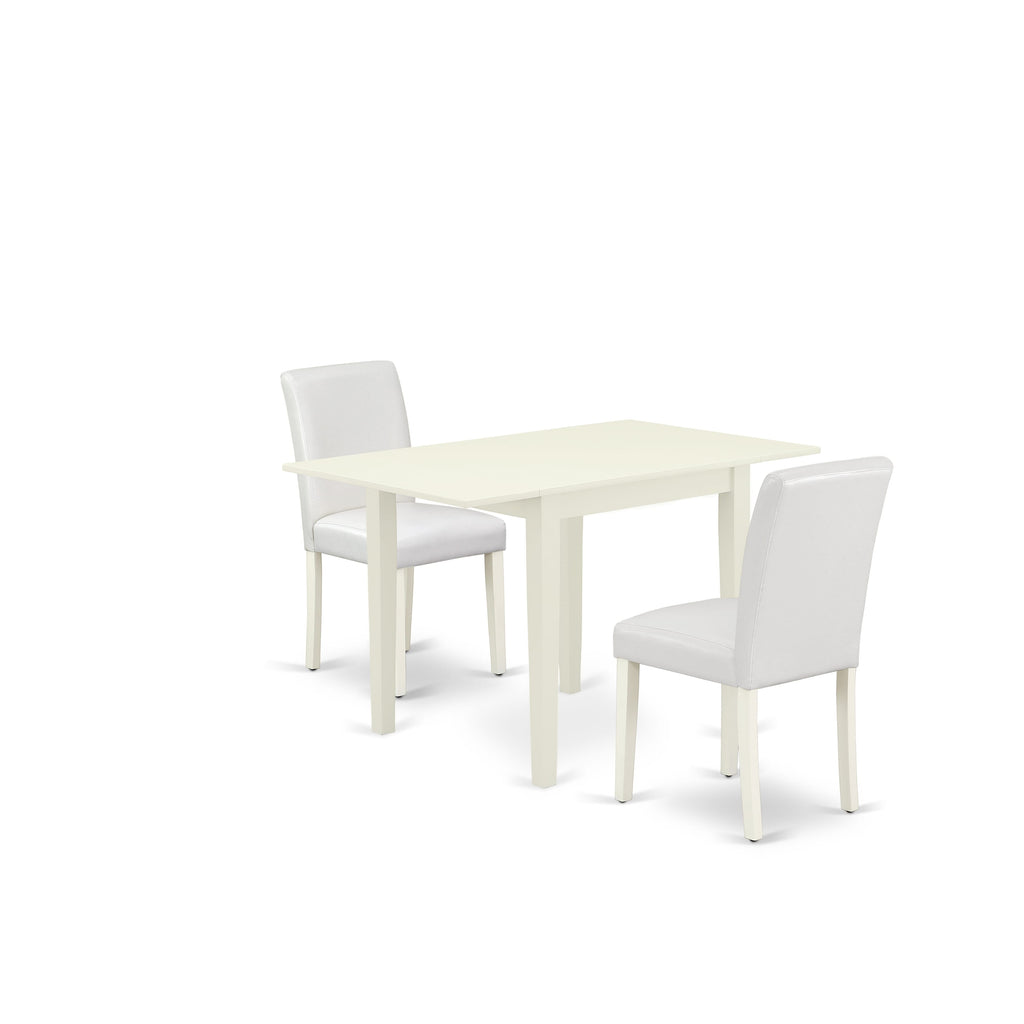 East West Furniture 1NDAB3-LWH-64 3 Piece Kitchen Table Set Contains a Rectangle Dining Room Table with Dropleaf and 2 White Faux Leather Parsons Dining Chairs, 30x48 Inch, Linen White