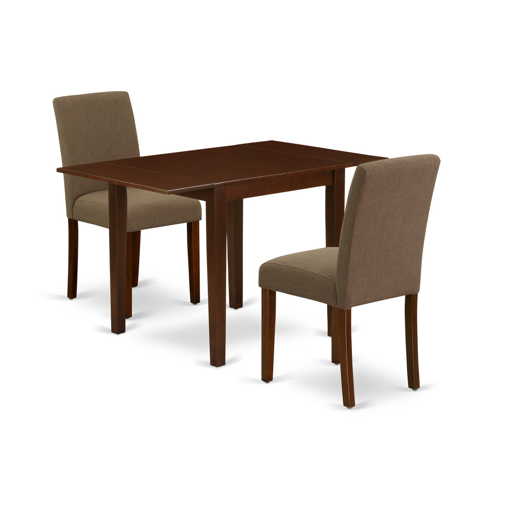East West Furniture 1NDAB3-MAH-18 Modern Dining Table Set 3 Pc - Two Parson Chairs and a Dining Room Table - Mahogany Finish Wood - Coffee Color Linen Fabric