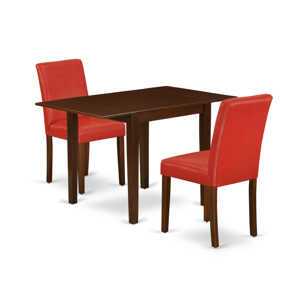 East West Furniture 1NDAB3-MAH-72 3 Piece Dining Set Contains a Rectangle Dining Room Table with Dropleaf and 2 Firebrick Red Faux Leather Upholstered Chairs, 30x48 Inch, Mahogany