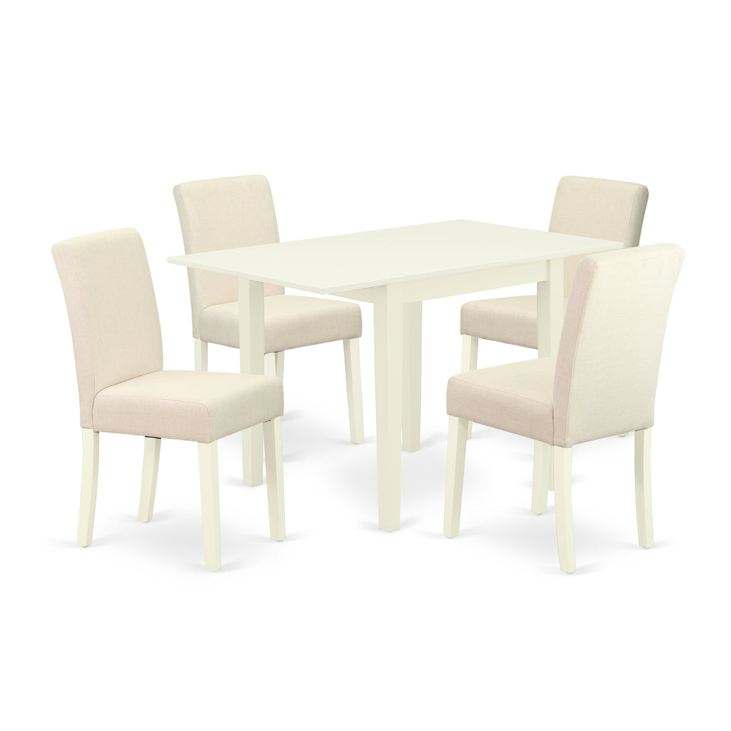 Juego de mesa de comedor moderno East West Furniture 1NDAB5-LWH-02 de 5 piezas: cuatro sillas de comedor y una mesa de cocina, acabado blanco lino, madera maciza, tela de lino color beige claro.