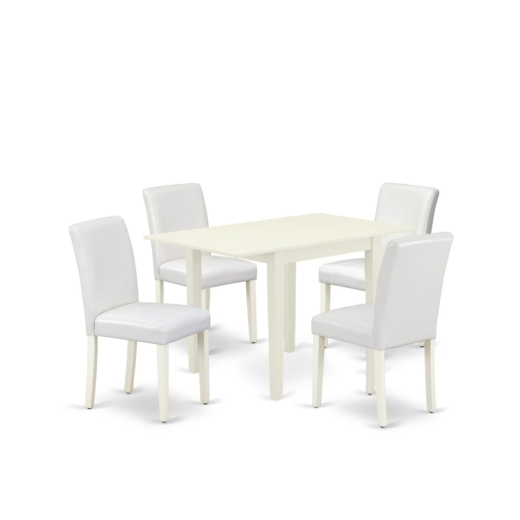 East West Furniture 1NDAB5-LWH-64 5 Piece Dinette Set for 4 Includes a Rectangle Dining Room Table with Dropleaf and 4 White Faux Leather Parson Dining Chairs, 30x48 Inch, Linen White