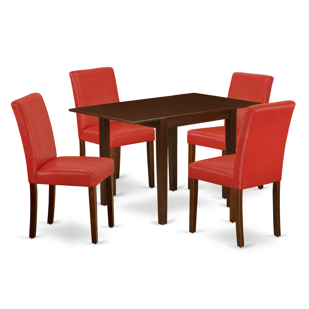 East West Furniture 1NDAB5-MAH-72 5 Piece Dining Table Set Includes a Rectangle Kitchen Table with Dropleaf and 4 Firebrick Red Faux Leather Upholstered Chairs, 30x48 Inch, Mahogany