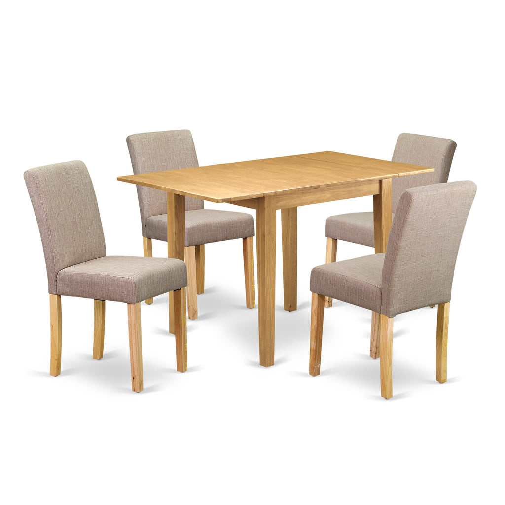 Juego de comedor East West Furniture 1NDAB5-OAK-04 de 5 piezas: cuatro sillas y una mesa de madera, madera noble con acabado roble, tela de lino color beige claro.